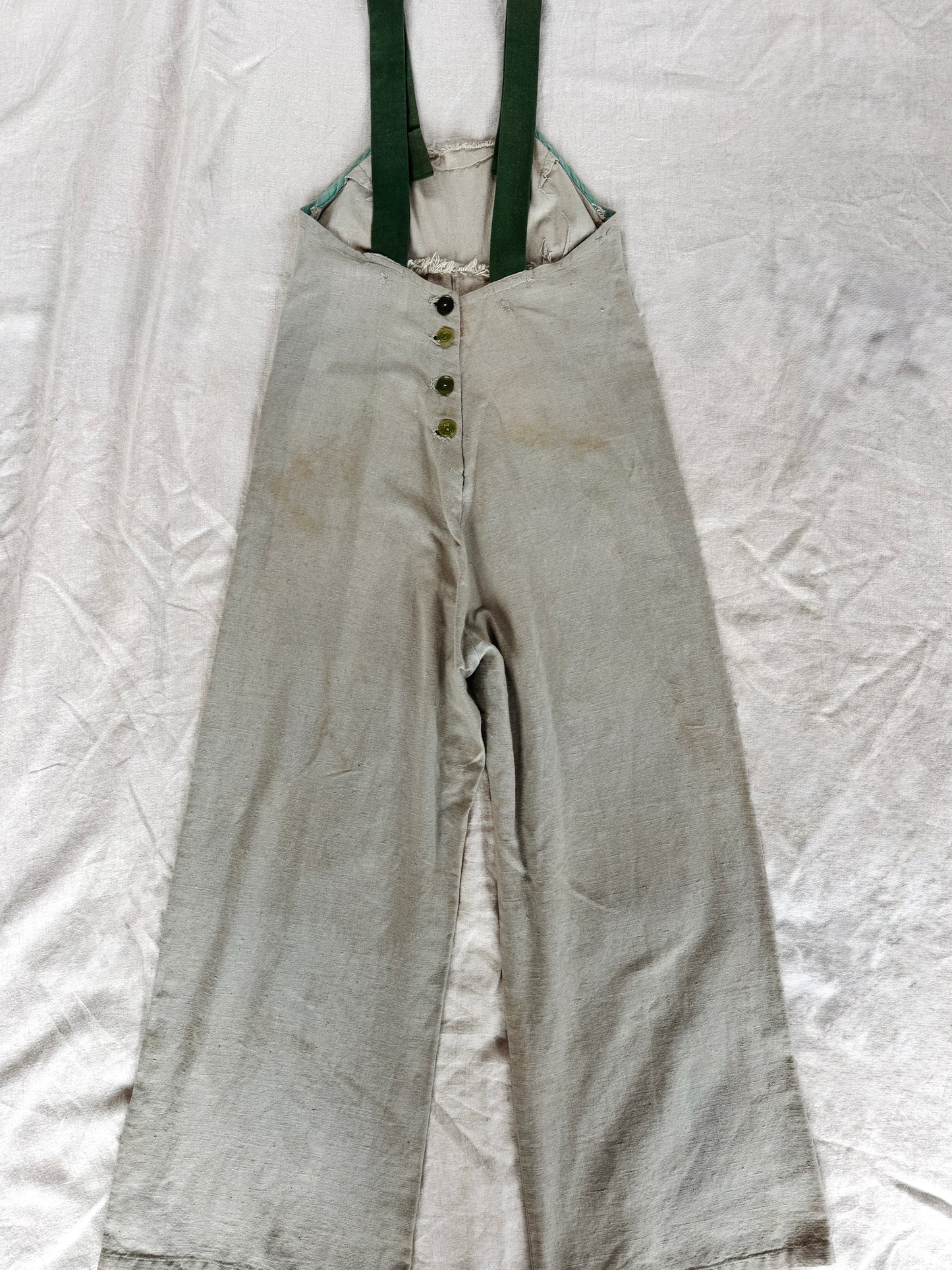 1930s Mint Green Linen Embroidered Vacation Overalls- S/M
