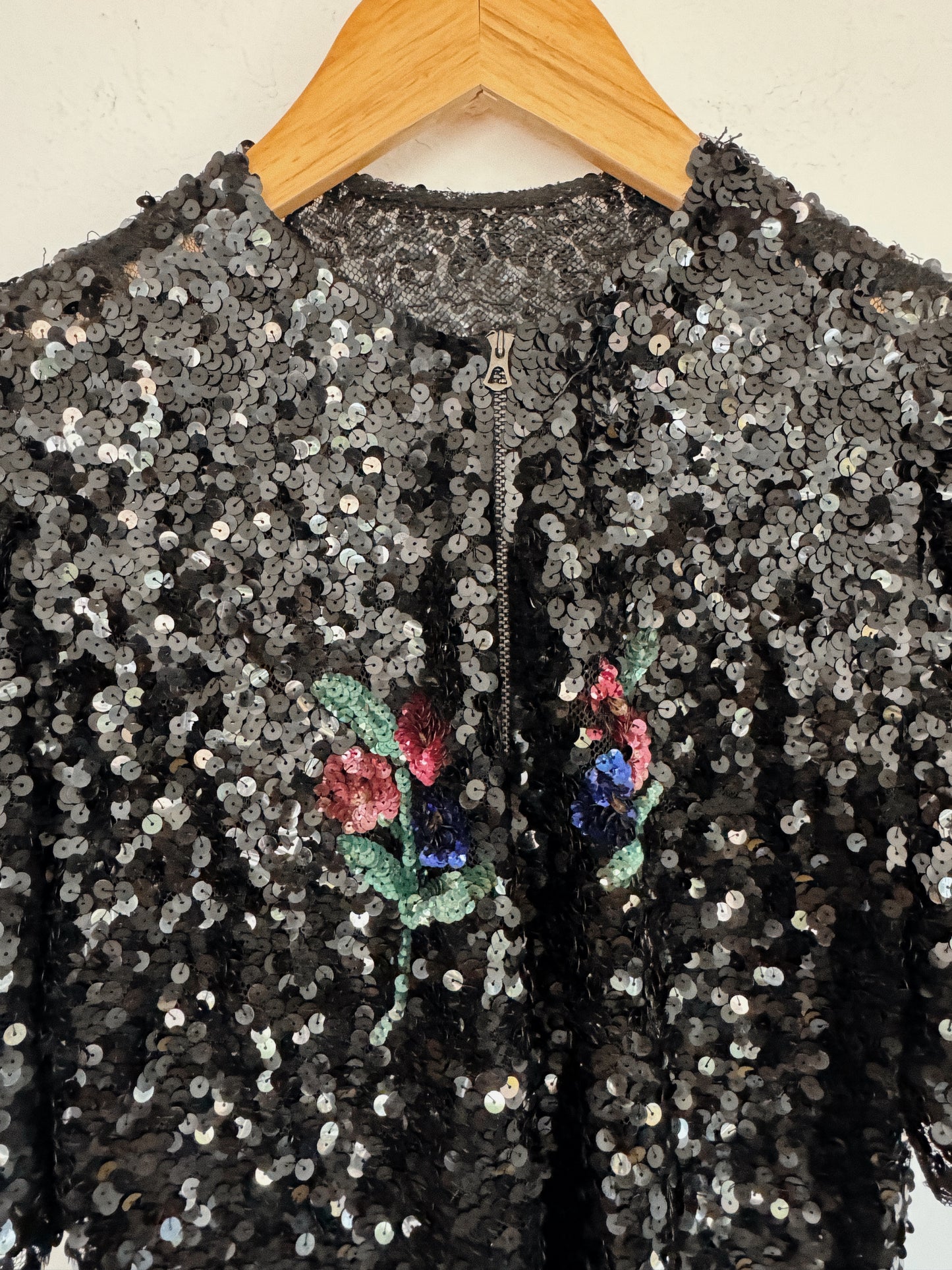 1930s Sequin Bell Zipper Front Blouse w/ Puffed Shoulders- S/M