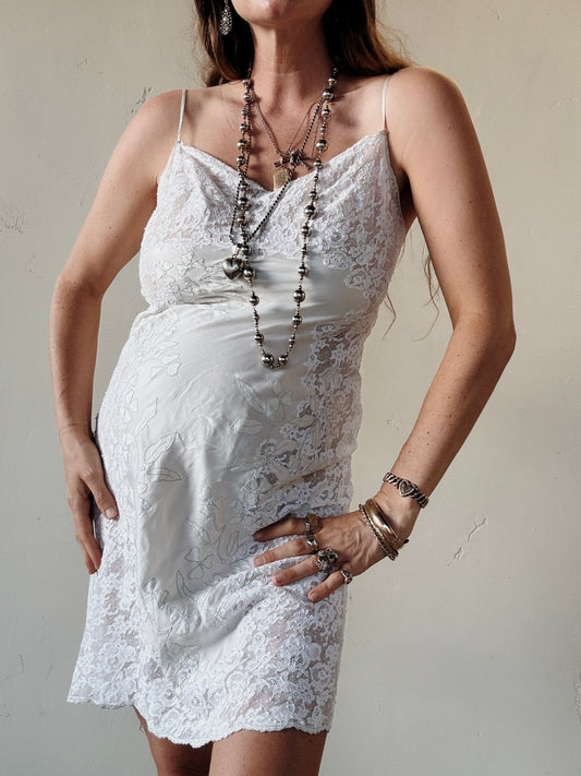1940s/50s Pure White Lace + Silk Slip Dress w/ Pale Blue Flowers- S-M