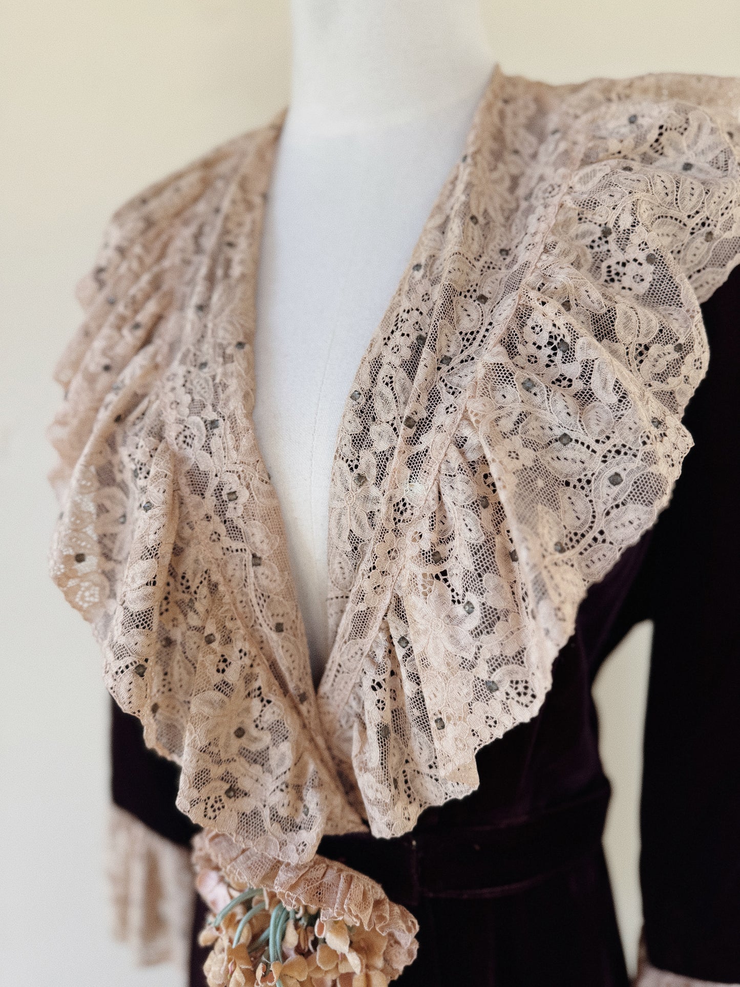 1930s/40s Aubergine Velvet + French Lace Dress w/ Rhinestones- S/M