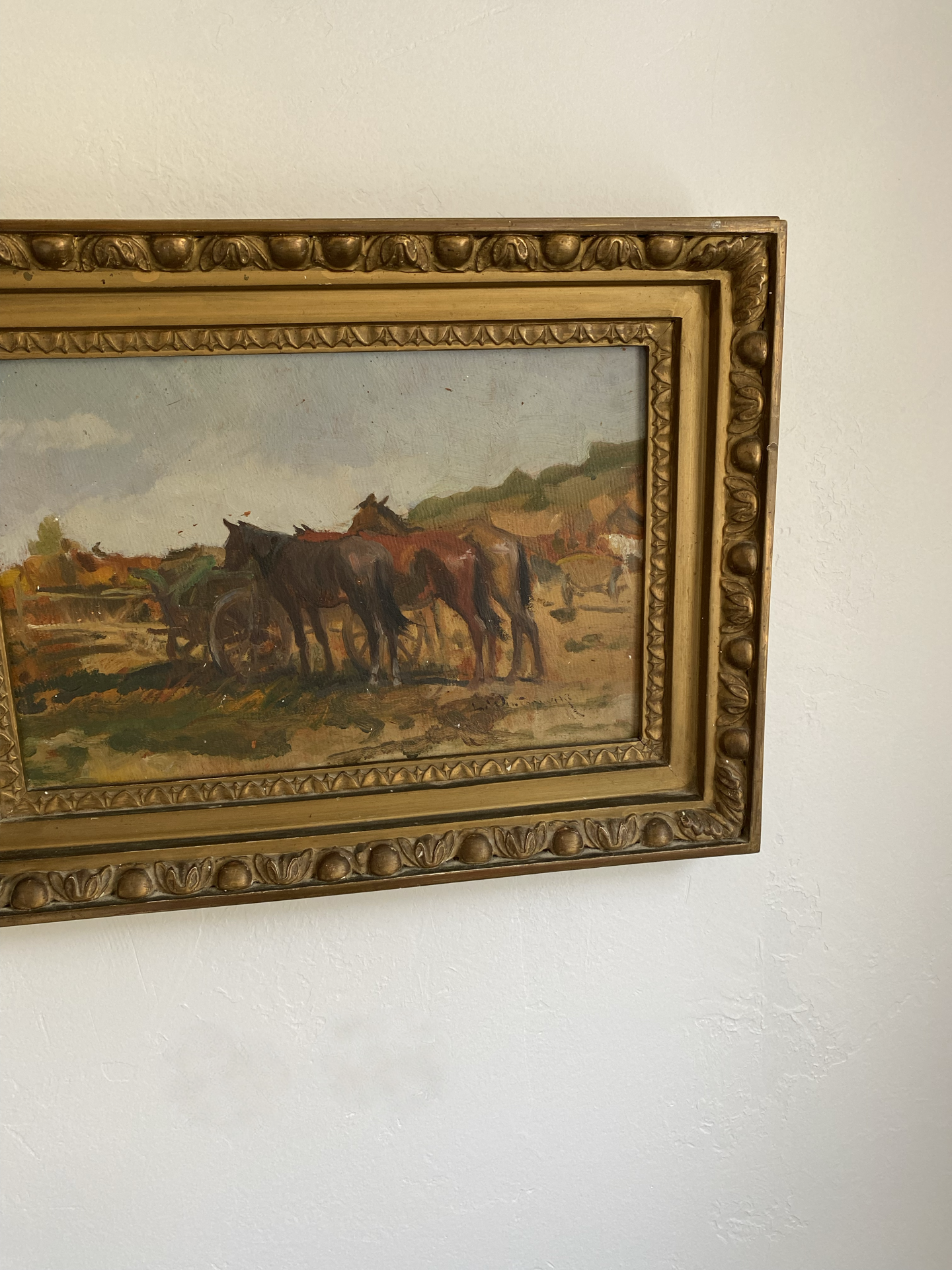 Vintage Old West Horse Painting in Gesso Gilt Frame- 13x18”