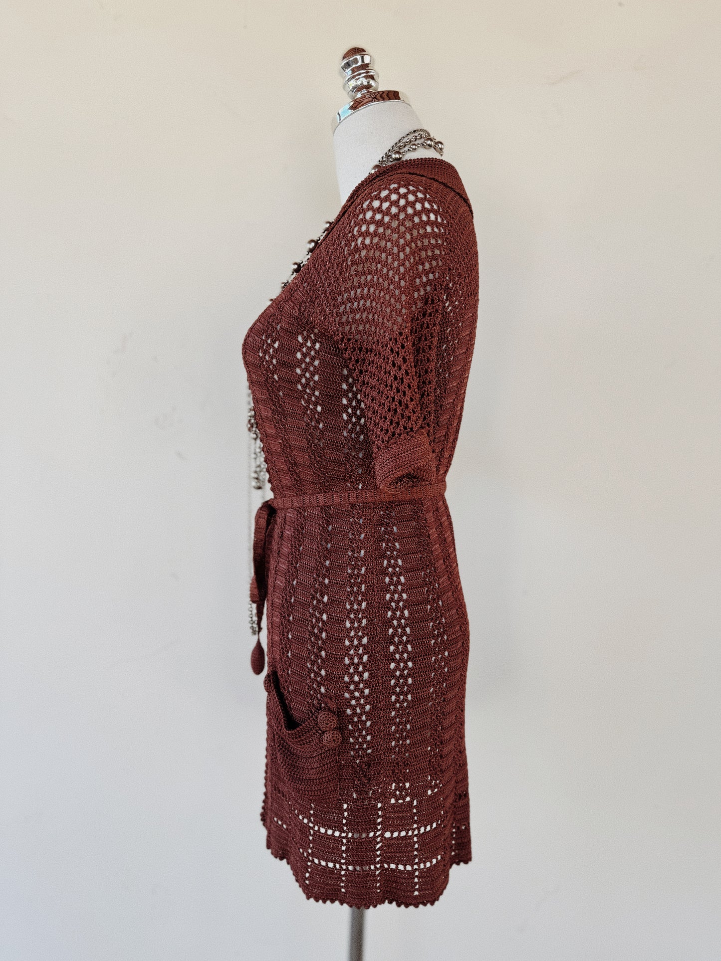 1920s Espresso Silk Crocheted Cardigan w/ Pom Poms- XS-S
