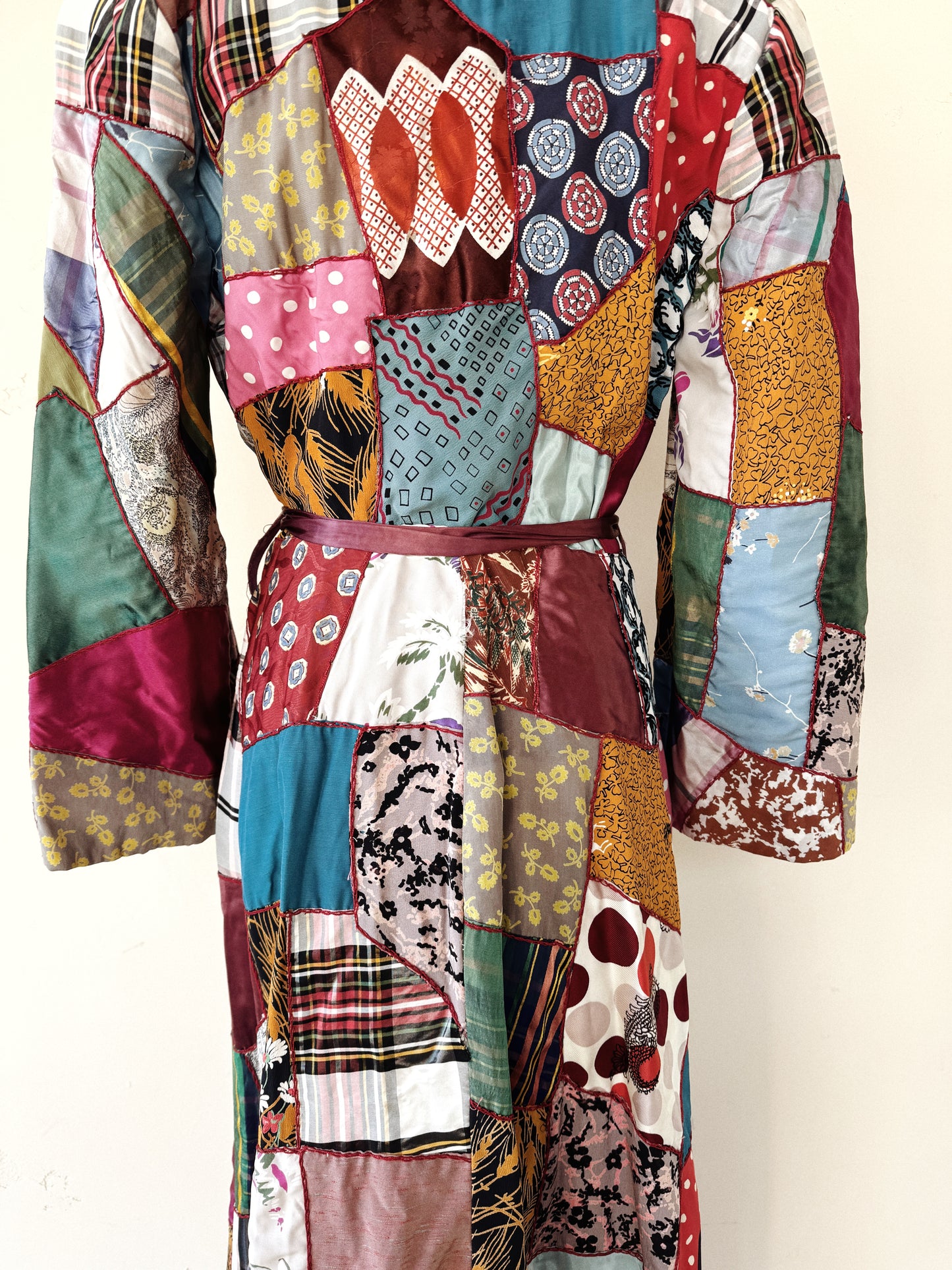 1940s Crazy Quilt Dressing w/ Rayon Patches- S/M-M