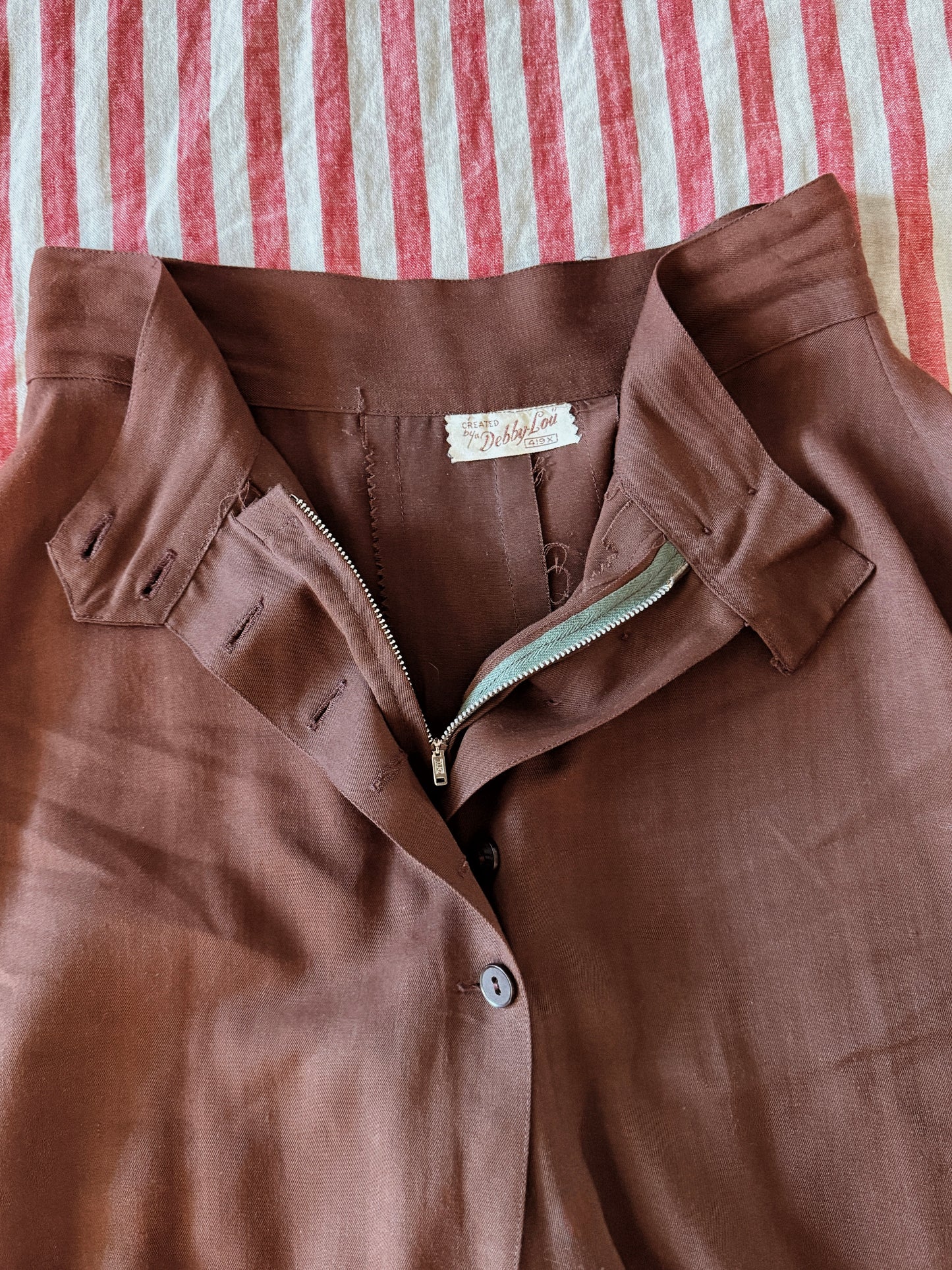 1940s Brown Rayon Gabardine Split Skirt Culotte Pants- S/M