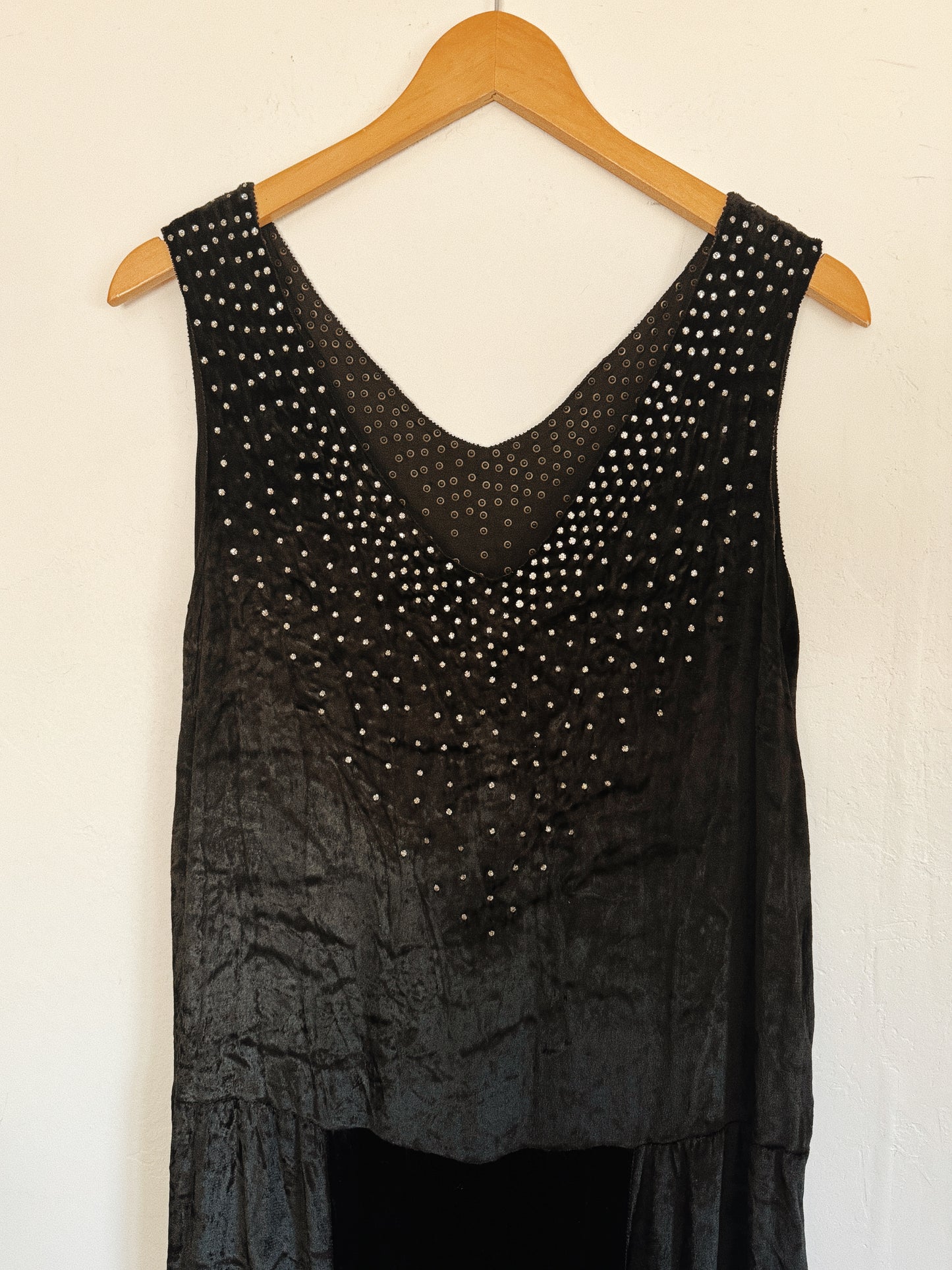 1920s Midnight Black Crushed Silk Velvet Diamenté Dress- S/M