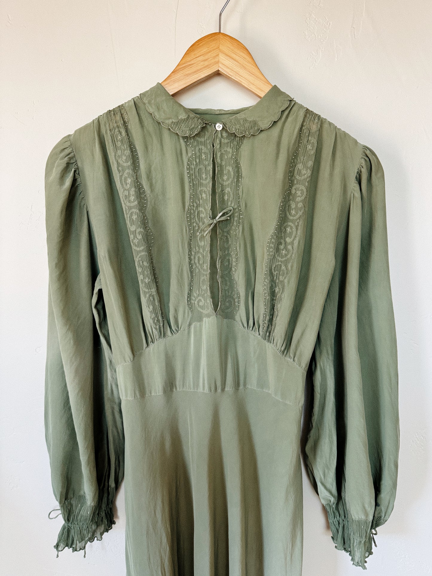 1930s Juniper Green Embroidered Silk Gown w/ Crinkle Chiffon Inserts- S-S/M