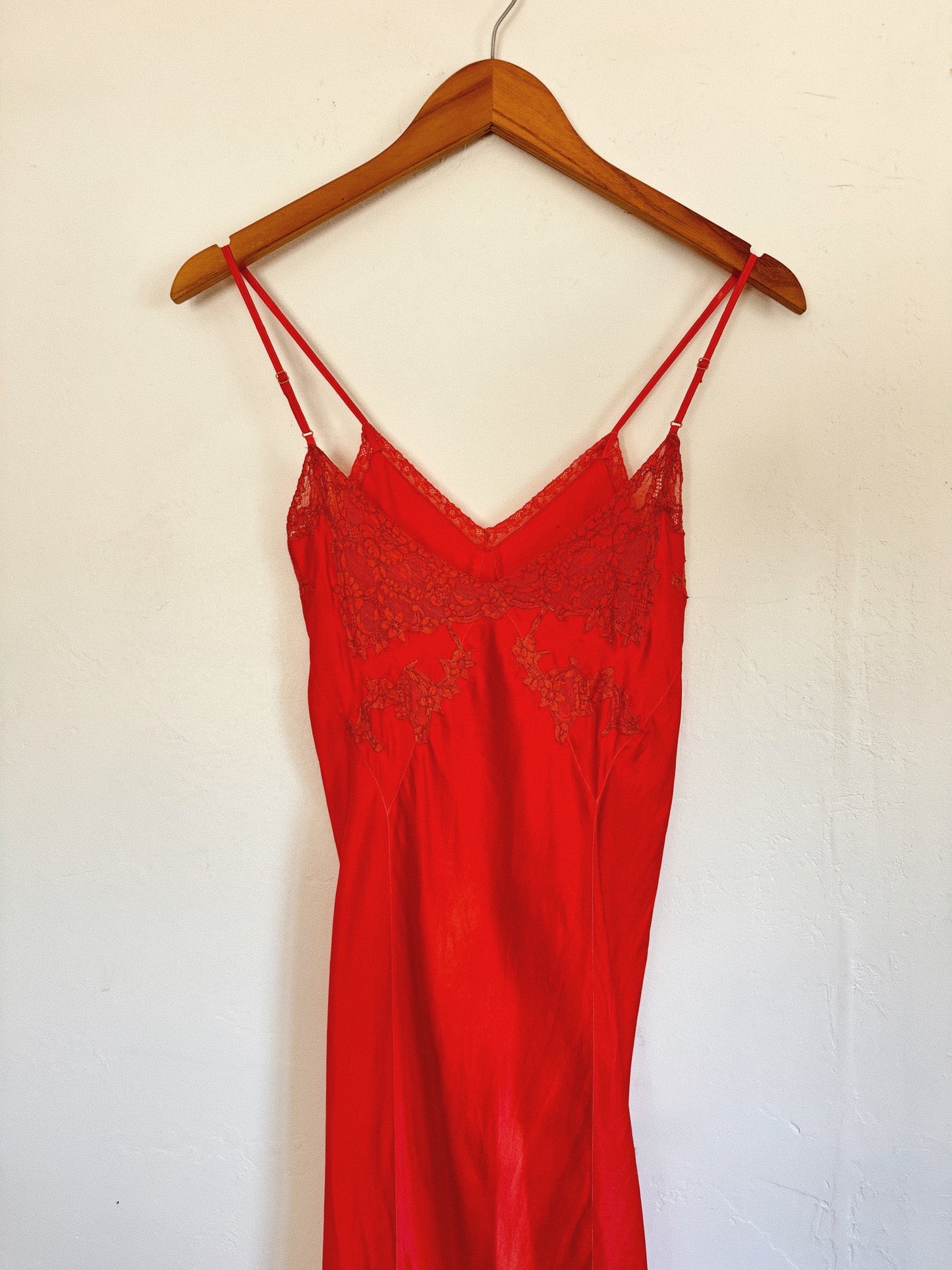 1940s Campari Satin + Lace Spaghetti Slip Dress- S
