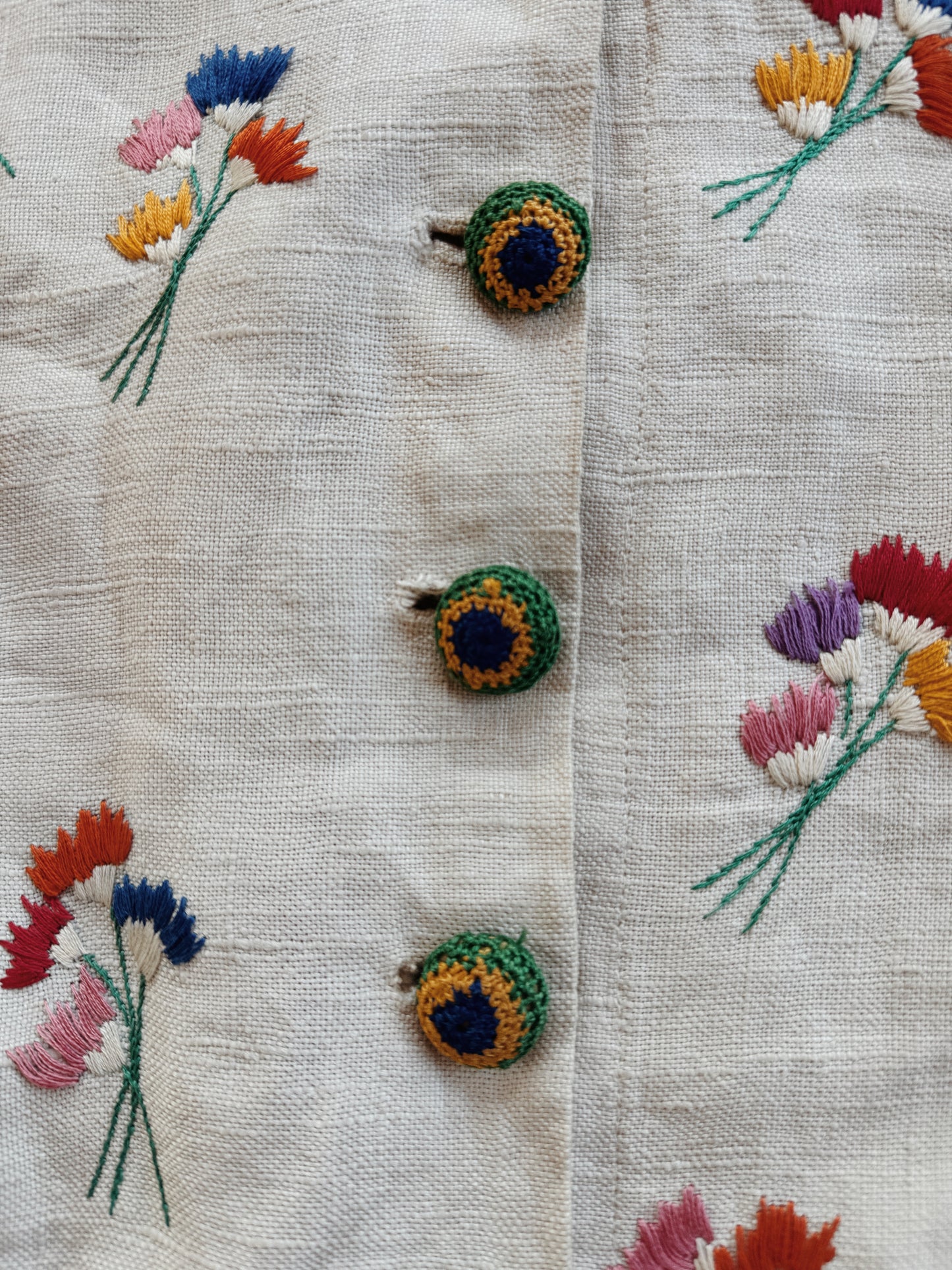 1930s/40s Grey Linen Floral Embroidered Blouse w/ Crocheted Buttons- M