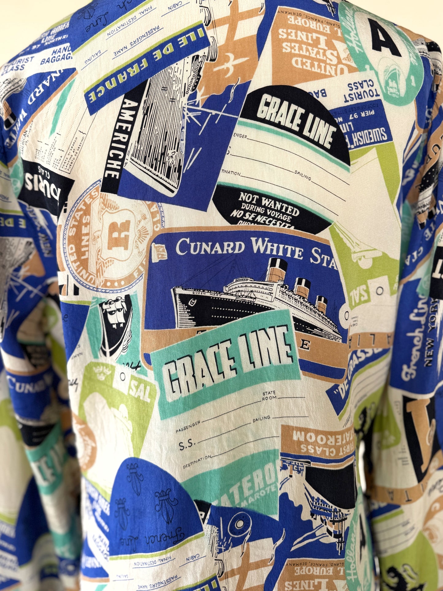 1940s Rare Novelty Travel Print Silk Blouse- S/M-M
