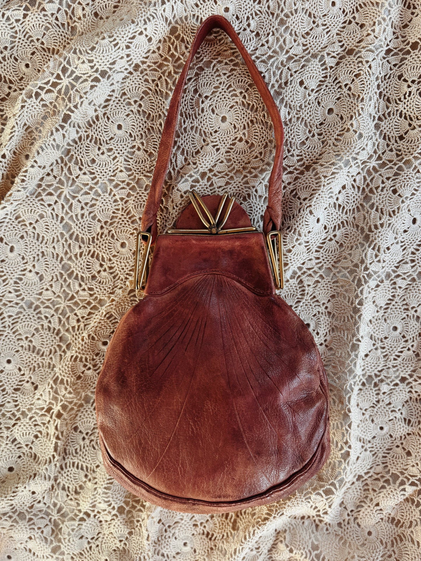 1930s Deco Cabernet Lambskin Shell Handbag w/ Brass Hardwear