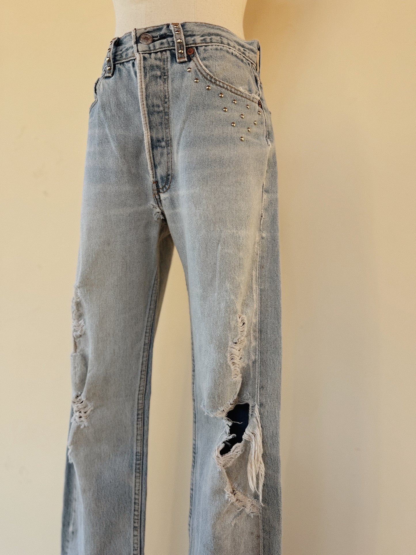 1990s Distressed + Custom Studded Levi’s 501s- S-S/M