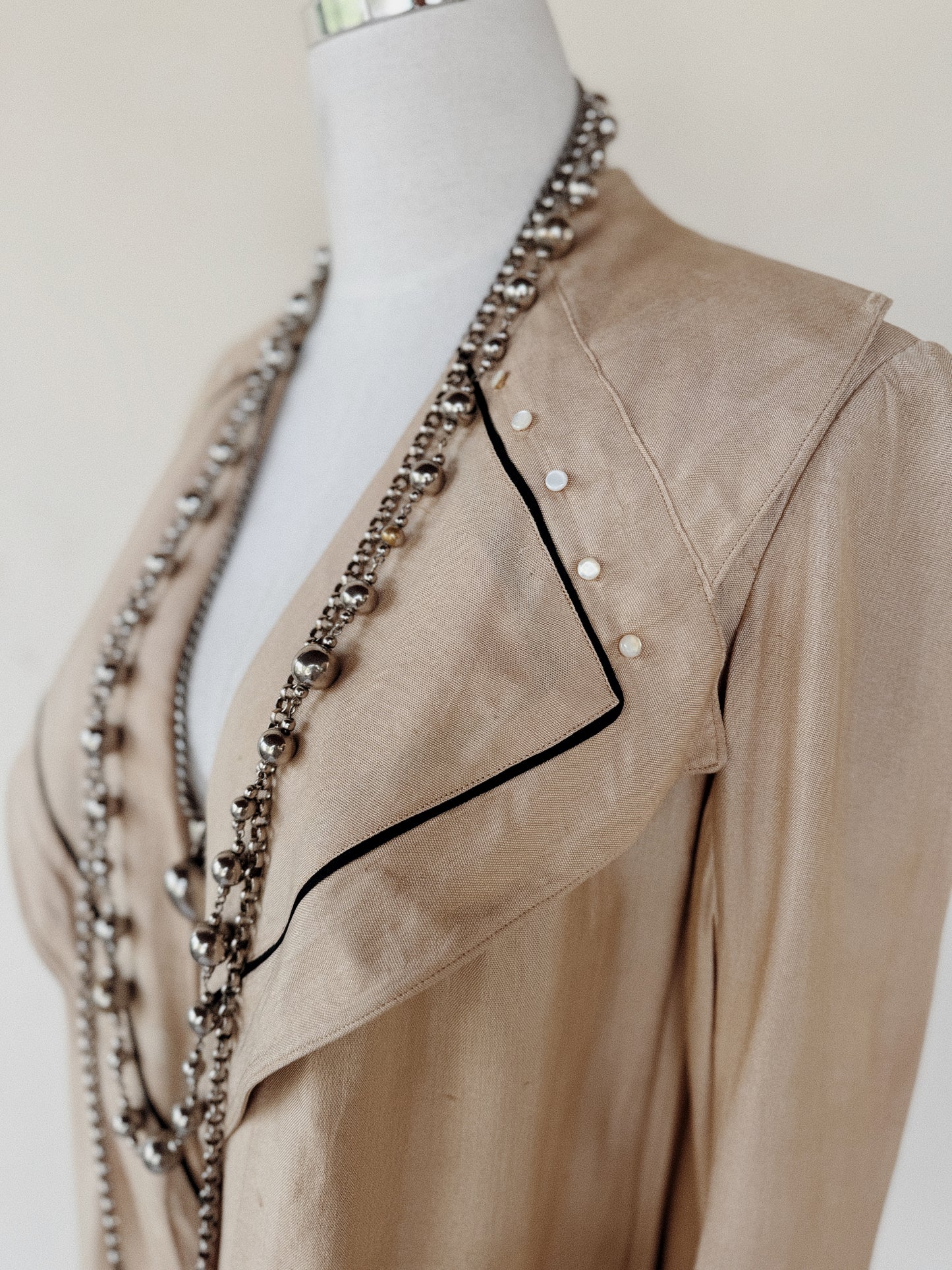 1910s Edwardian Silk Moto Duster w/ Black Cord Trim + Mother of Pearl Buttons- S/M
