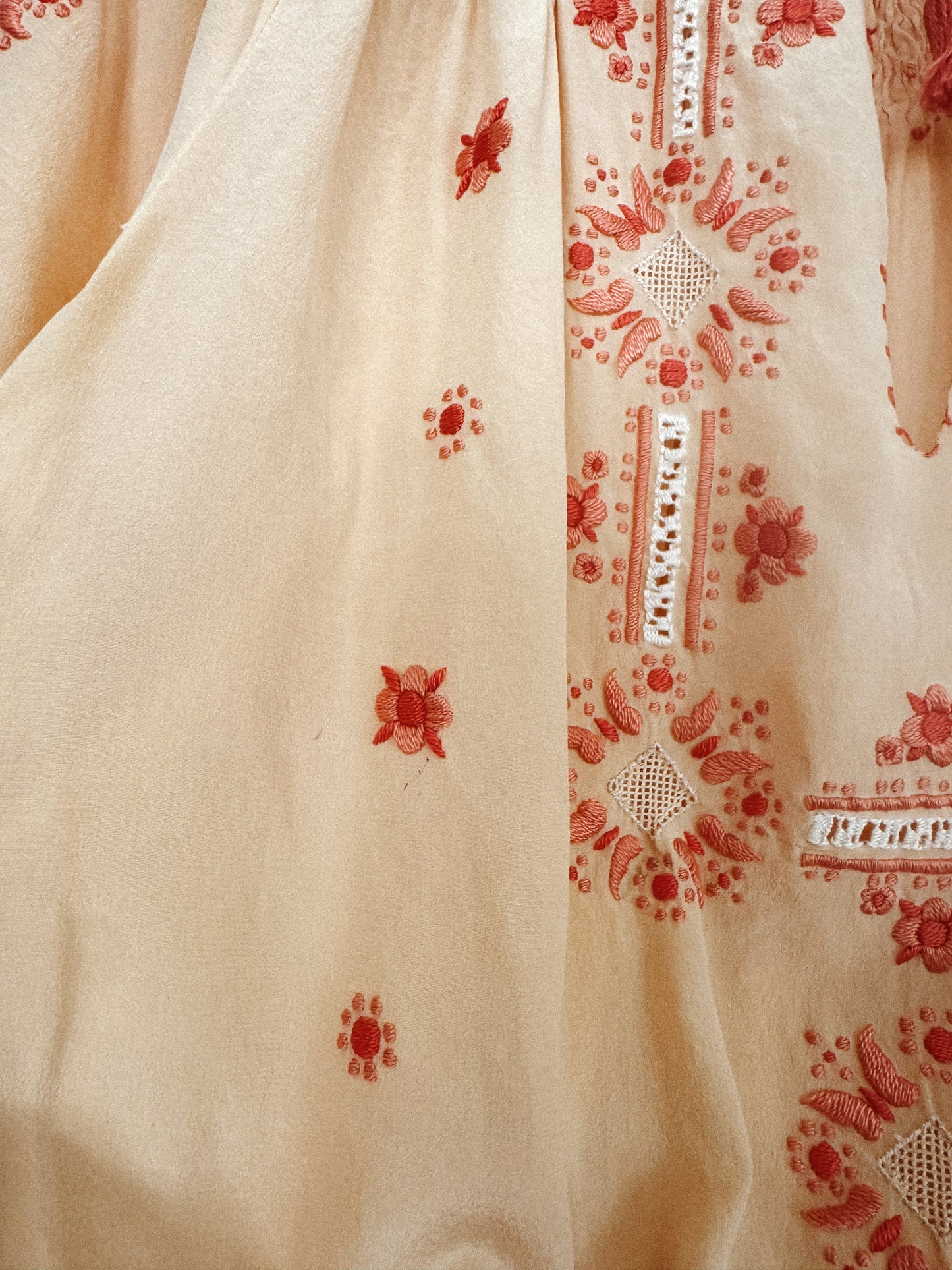 1930s Peach Silk Hungarian Peasant Blouse w/ Floral + Butterfly Embroidery- S/M
