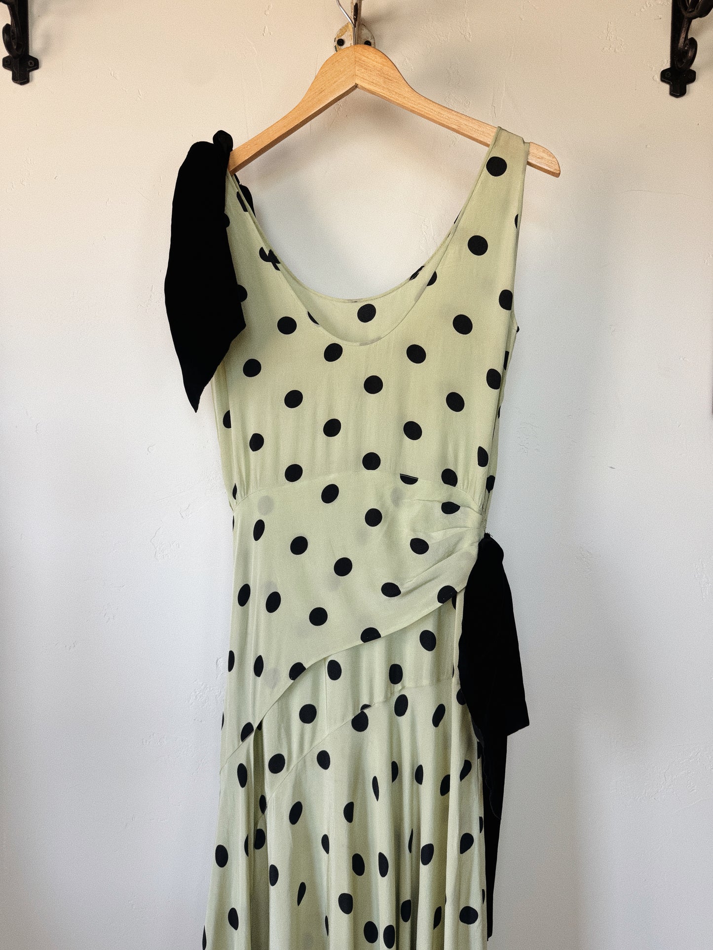 1930s Mint + Black Polka Dot Silk Draped Gown w/ Velvet Bows- S/M