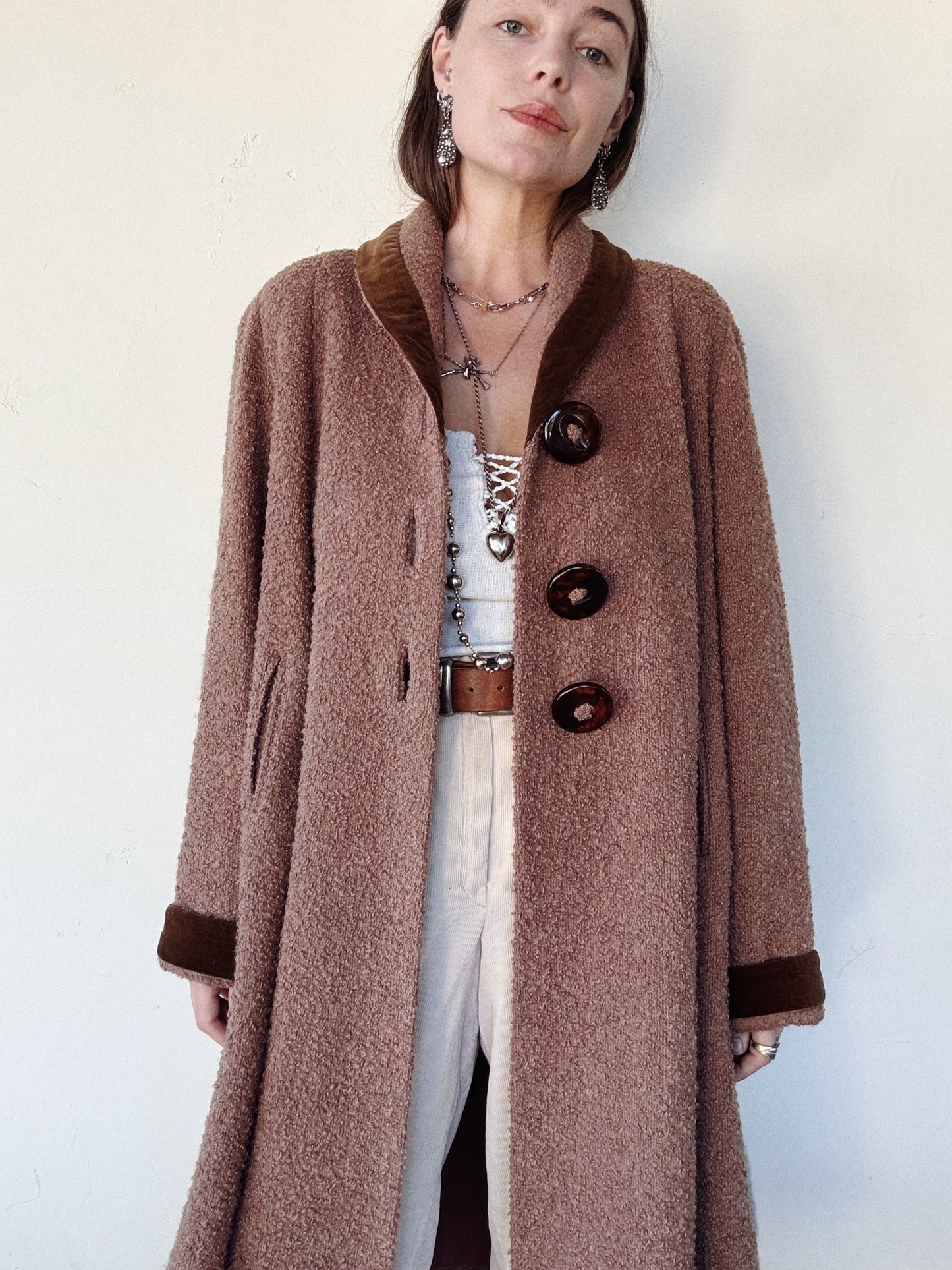1940s/50s Mocha Bouclé Knit Coat w/ Oversized Buttons- S/M-M