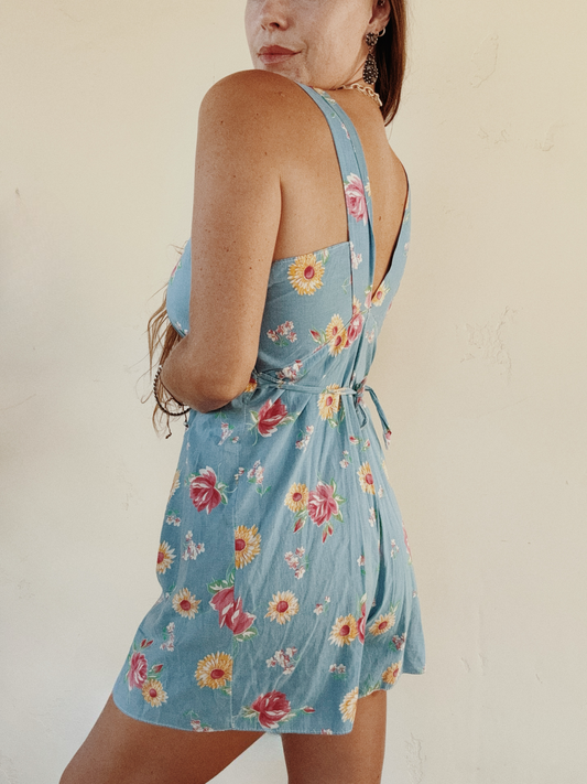 1940s Sky Blue Floral Cotton Playsuit- S