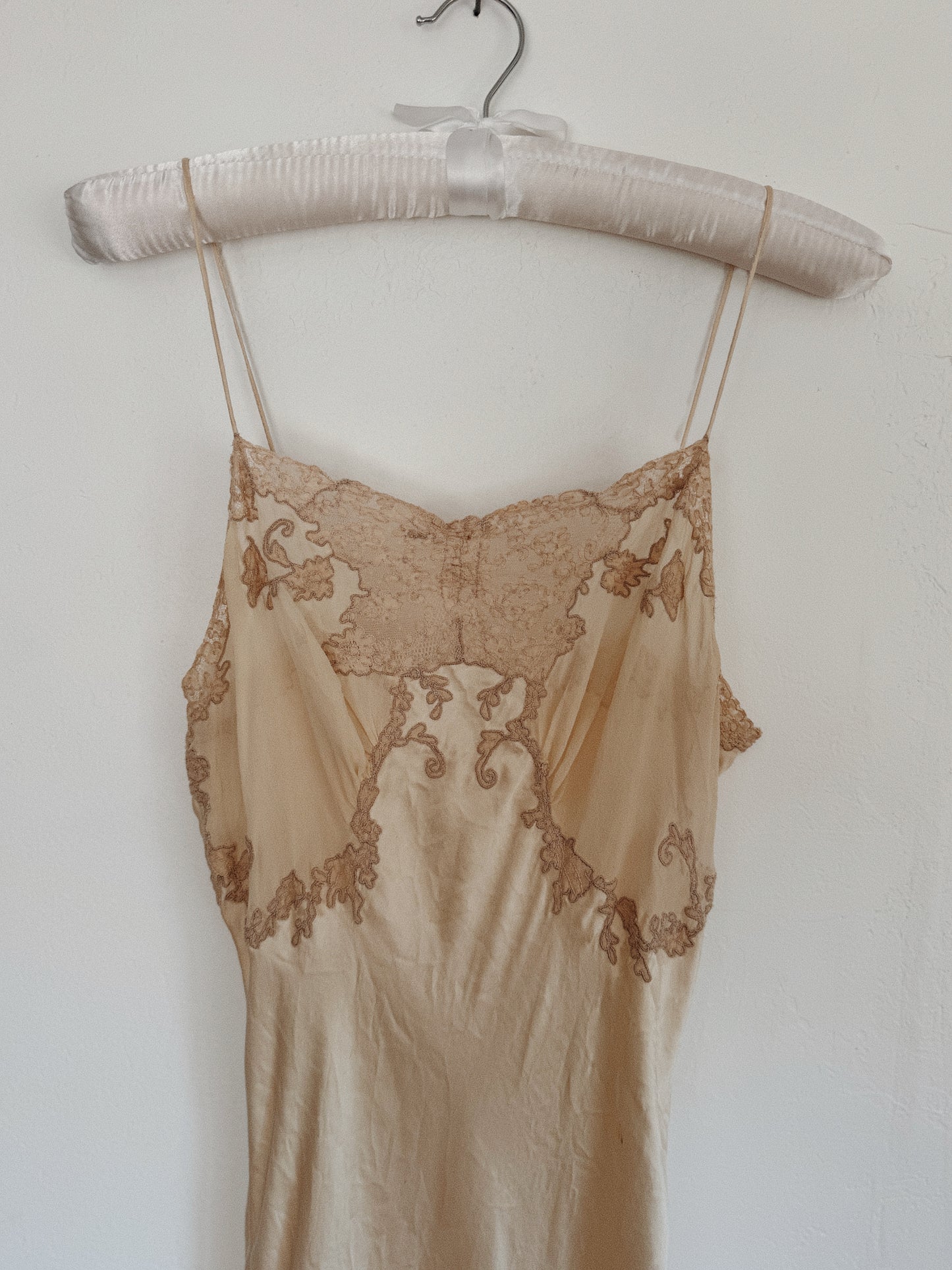 1930s Champagne Silk + French Lace Spaghetti Strap Slip Dress- S- S/M