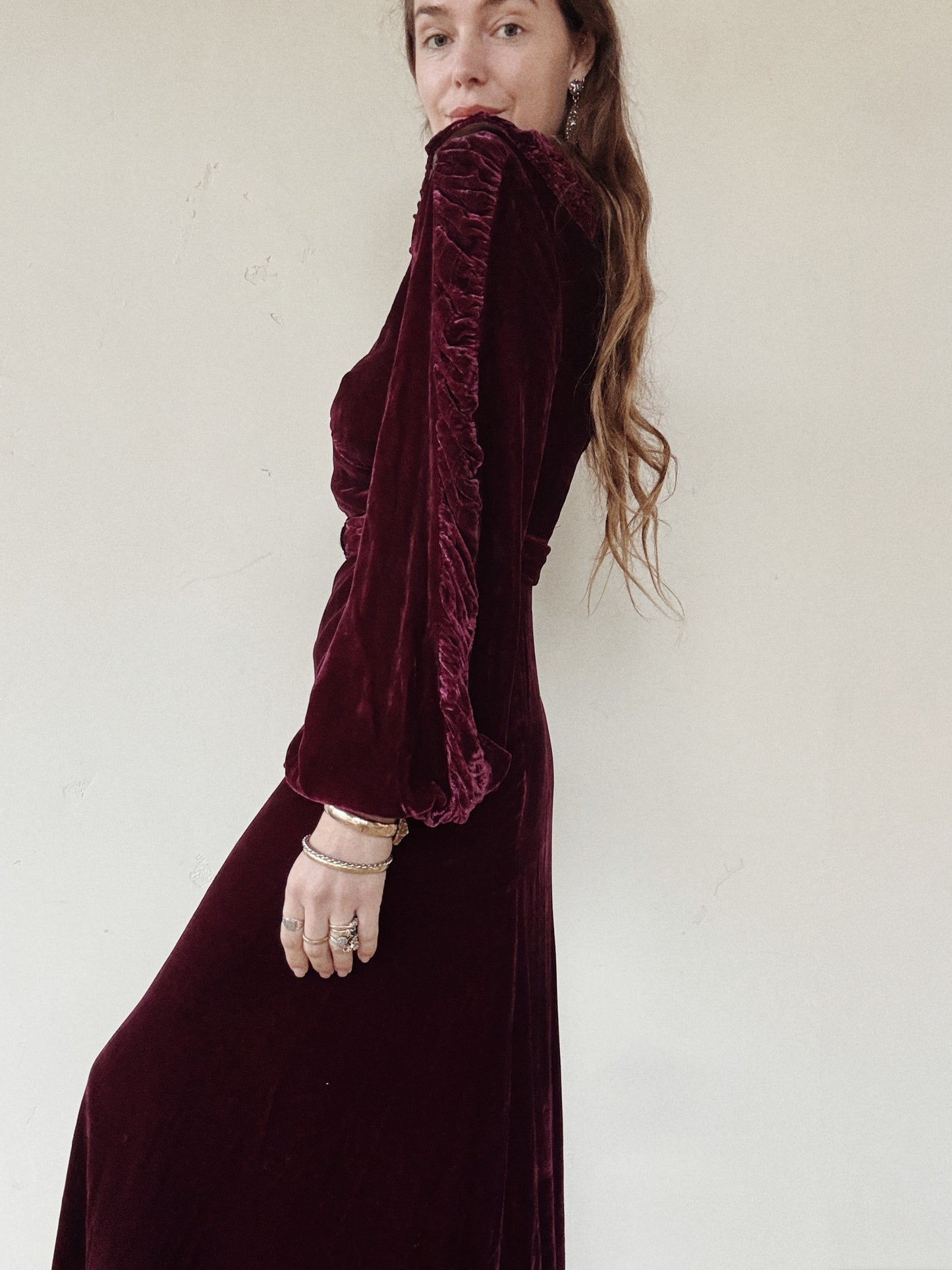 1930s Mulberry Ruched Silk Velvet Gown w/ Balloon Sleeves- S/M