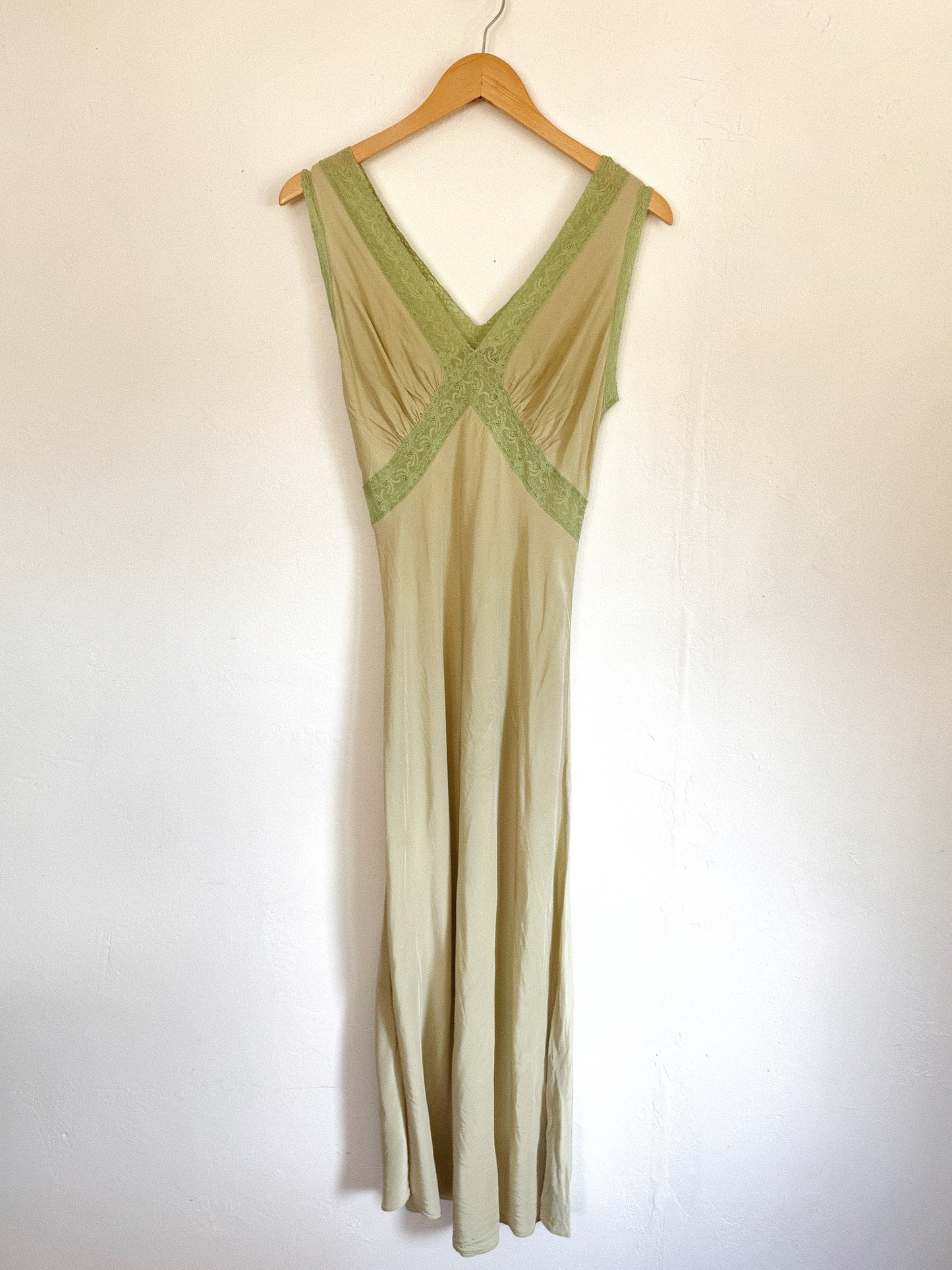 1940s Honeydew Rayon + Lace Bias Cut Slip Dress- S