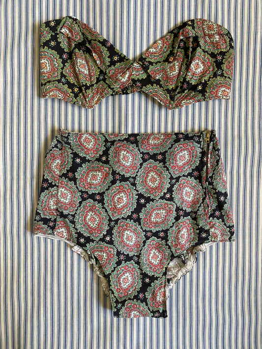 1940s Rare French Black Paisley Side Zip Bikini- S/M