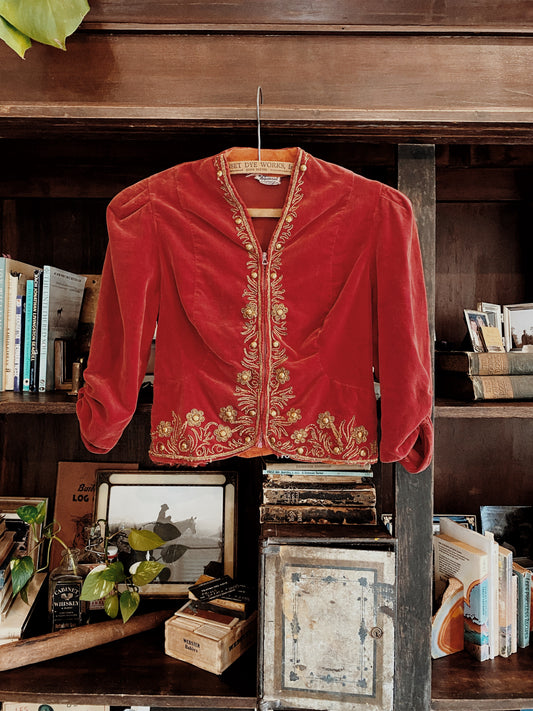 1930s FOGA Red Velvet + Gold Bullion Studded Cropped Jacket- XS/S
