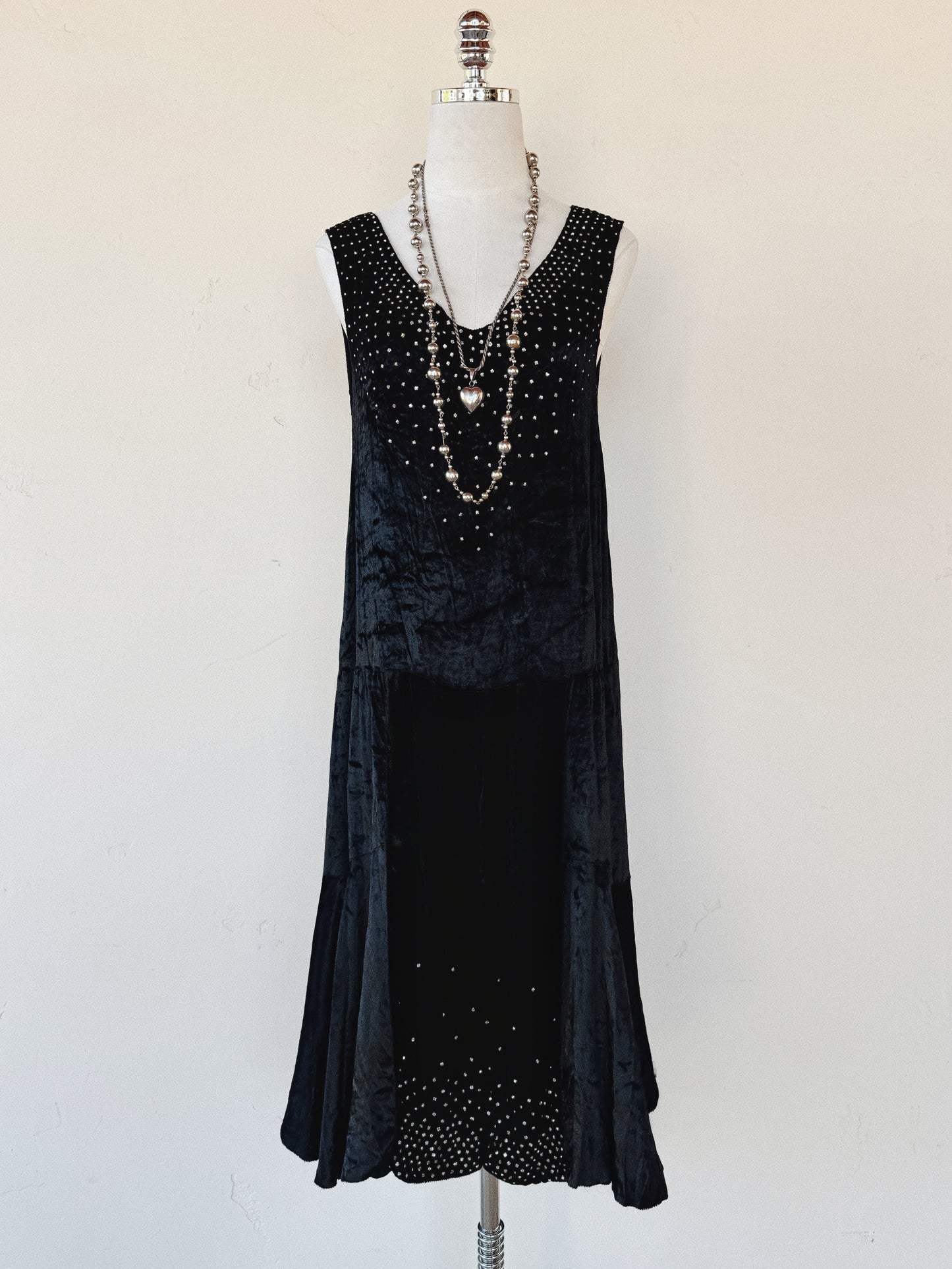 1920s Midnight Black Crushed Silk Velvet Diamenté Dress- S-S/M