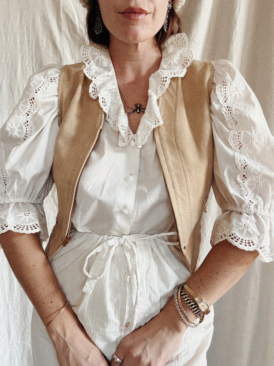 1930s Cropped Sand Suede Vest w/ Brass Talon Grommet Zip + Side Cinches- S