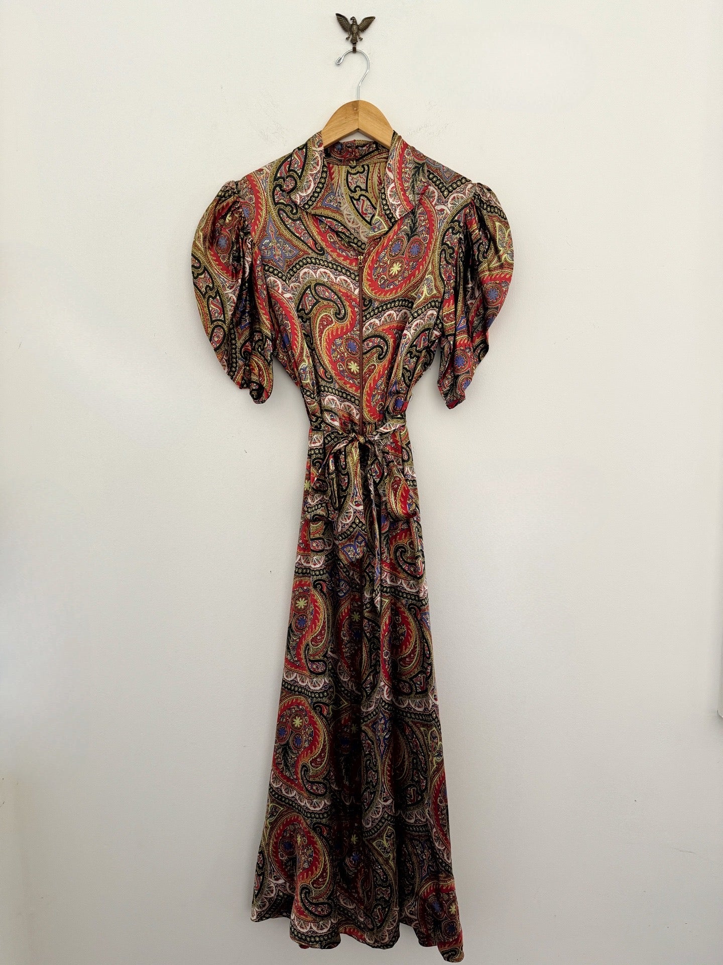 1930s Paisley Satin Puffed Sleeve Hostess Gown w/ Bell Zip- M
