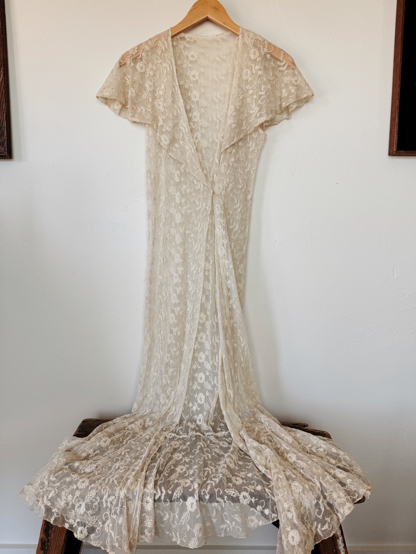 1930s French Lace Caplet Boudoir Duster Dress w/ Fishtail Hem- XS-S/M