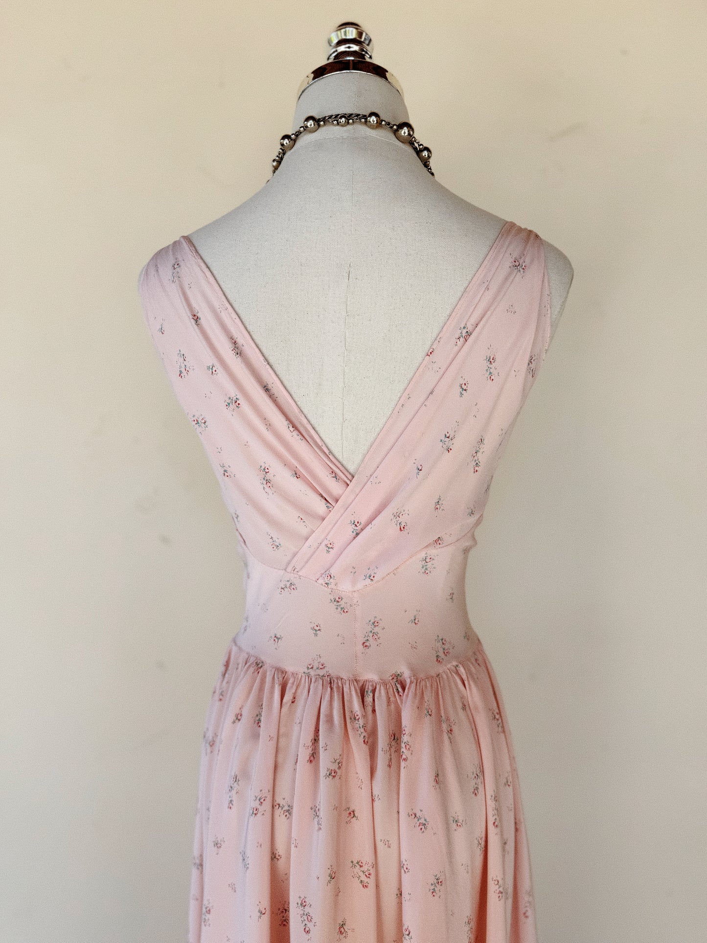 1930s Exquisite Corset Silk Crepe Slip Dress w/ Rose Print- XS-S