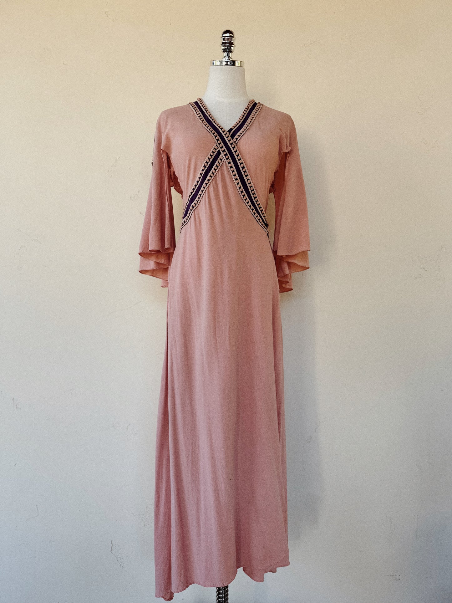 1930s Raspberry + Grape Sherbet Crepe Wrap Dress w/ Studs + Angel Sleeves- S/M