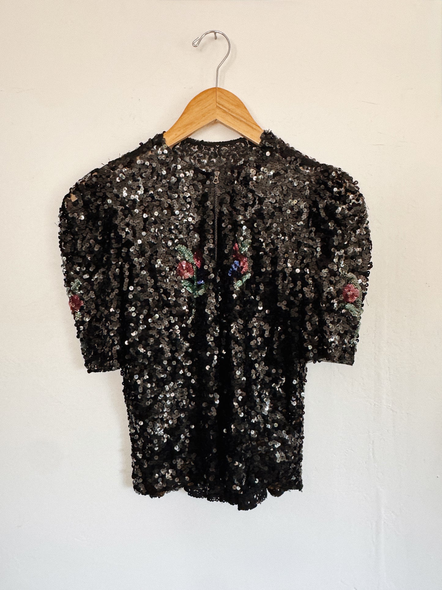 1930s Sequin Bell Zipper Front Blouse w/ Puffed Shoulders- S/M