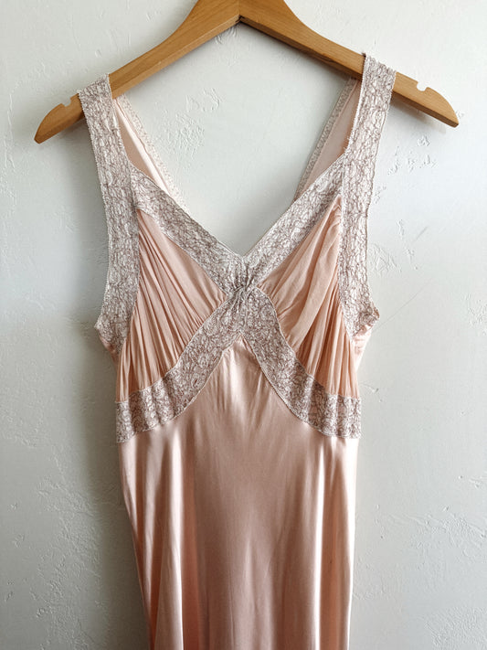 1930s Blush Pink Rayon Chiffon + Lace Slip Dress- S/M