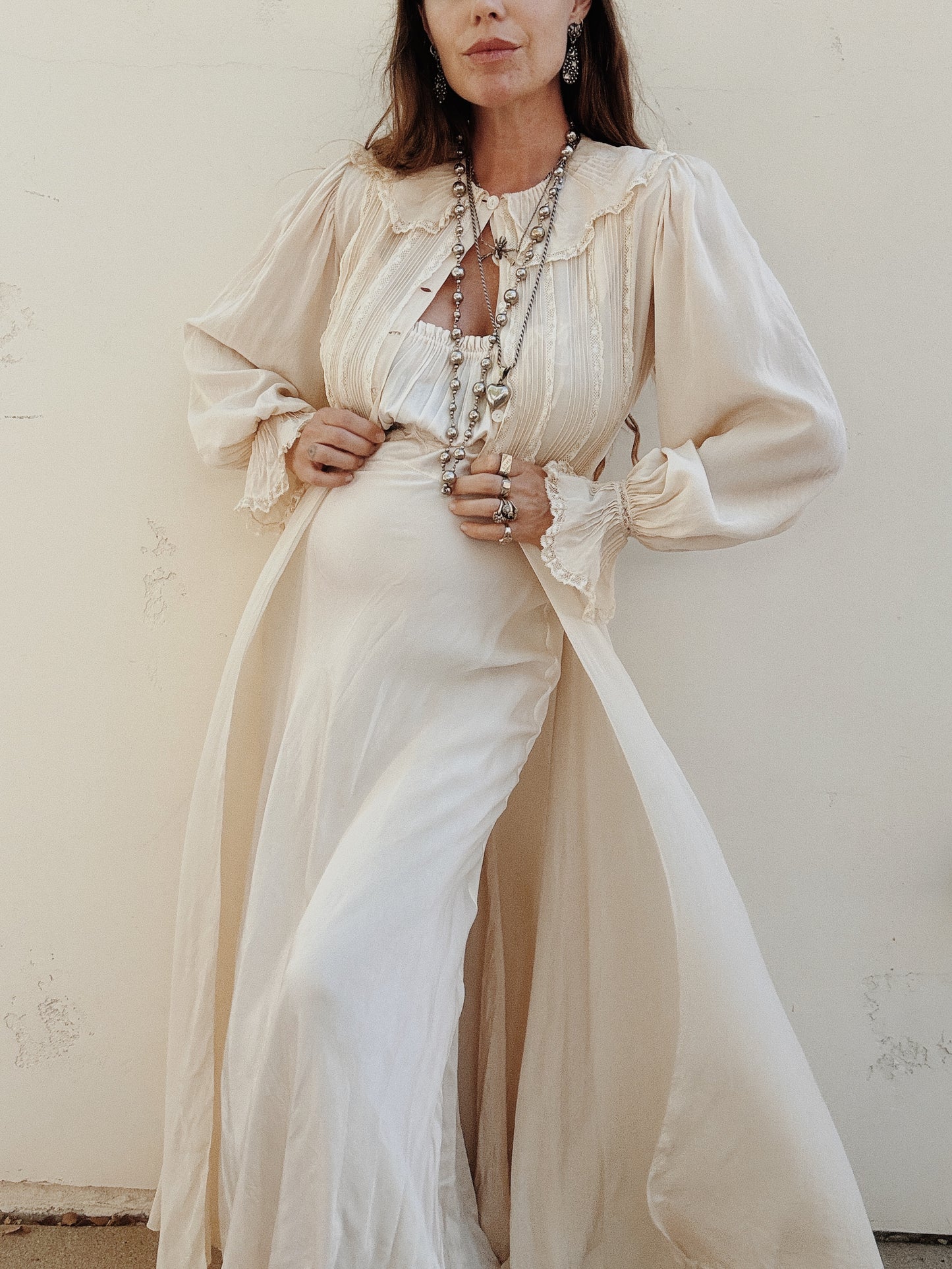 1930s Ethereal Ivory Silk Babydoll Peignoir w/ Scalloped Collar- S-S/M