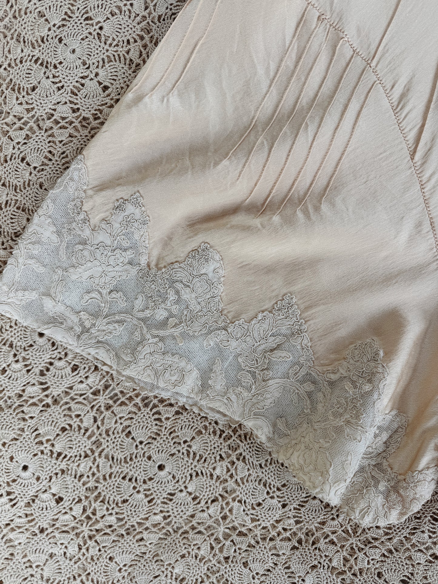 1930s Ivory Charmeuse Silk + French Lace Hand Sewn Step In- XS-S
