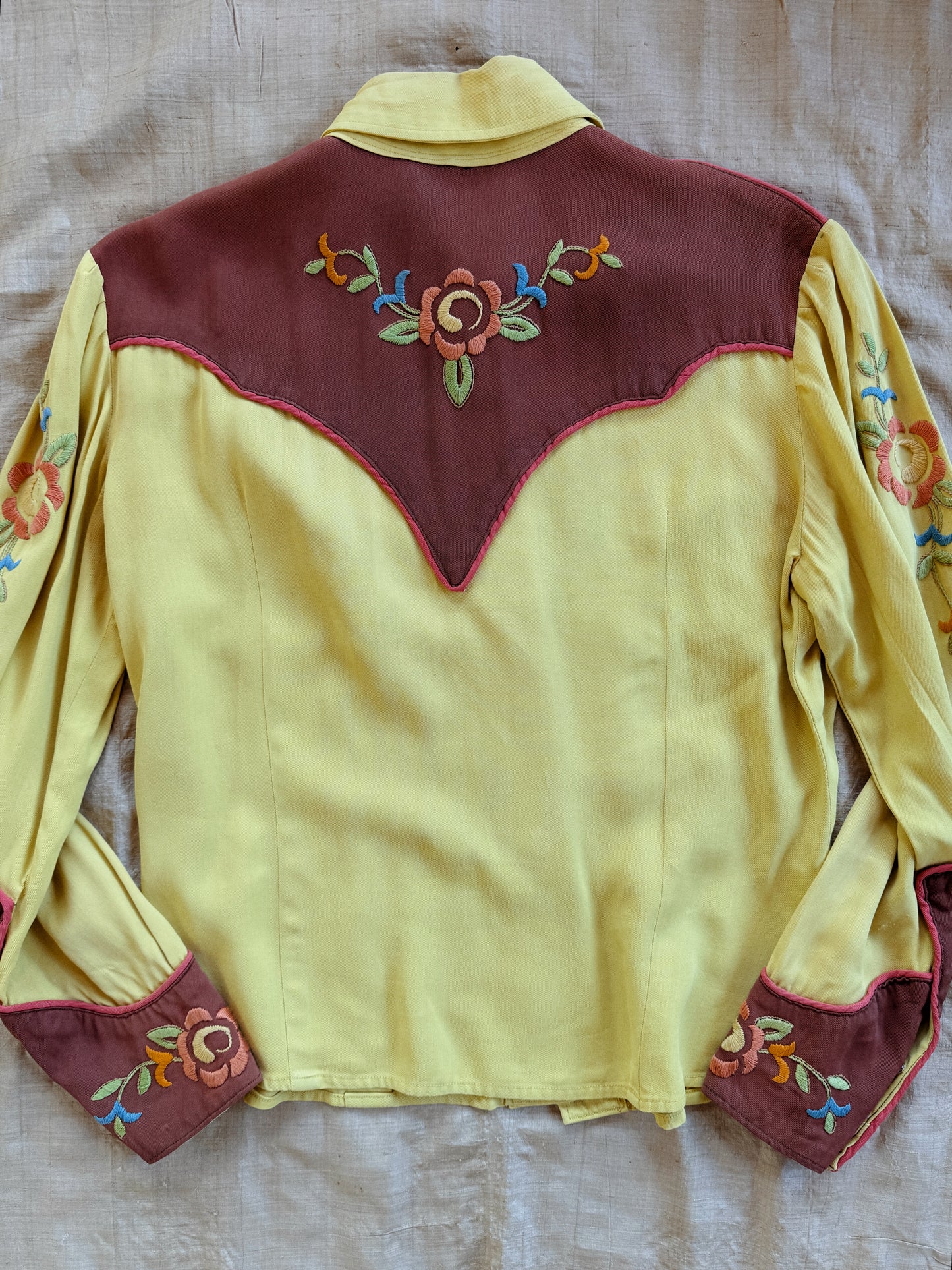 1940s Chartreuse Floral Gabardine Western Blouse- S/M