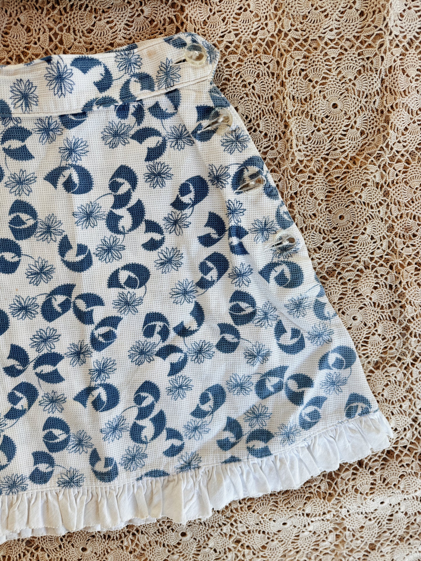 1930s White + Blue Piqué Floral + Ruffle Play Set- S