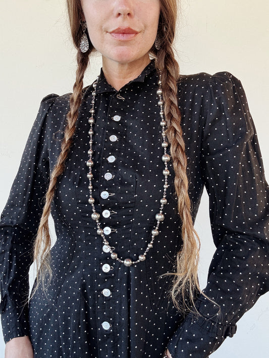 Late 1800s Black + White Polka Dot Calico Tea Gown- S-S/M