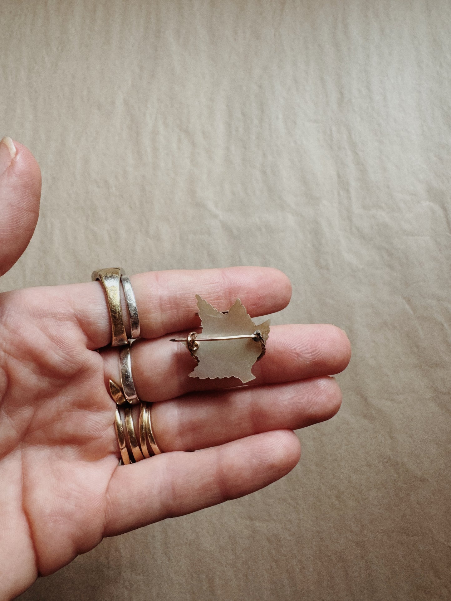 1940s Sweetheart “M” Mother of Pearl Maple Pin