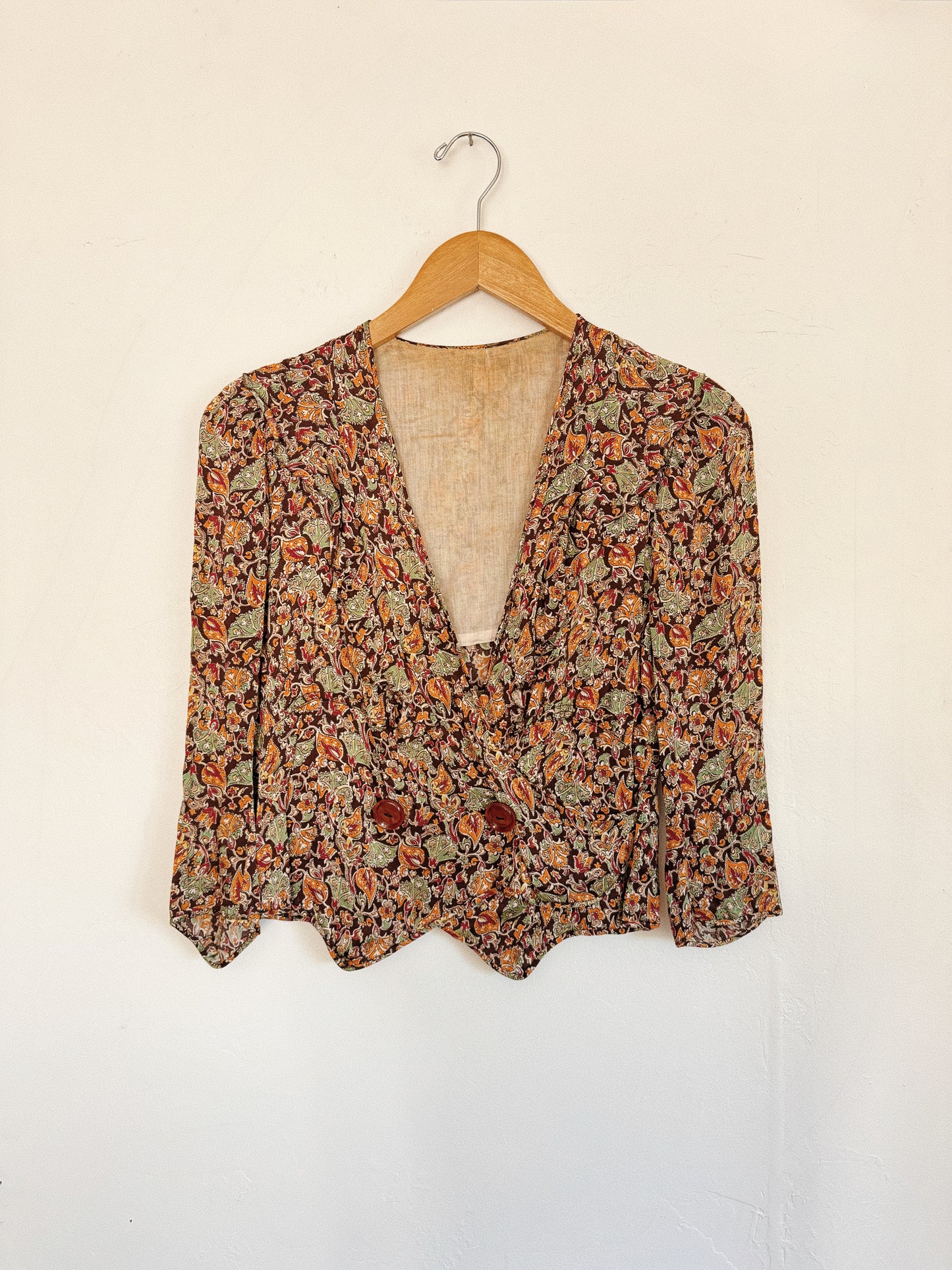 1930s Paisley Rayon Charmeuse Cropped Blouse- S-S/M