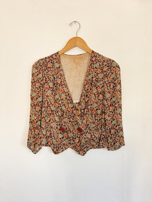 1930s Paisley Rayon Charmeuse Cropped Blouse- S-S/M