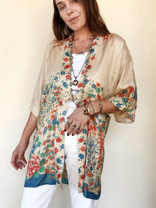 1920s Vivid Pongee Silk Duster Jacket w/ Frog Closure