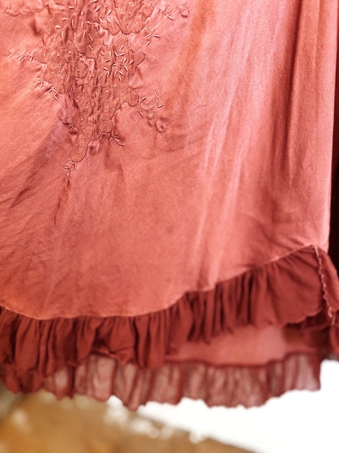 1930s Cocoa Silk Gown w/ Floral Embroidery- S-M