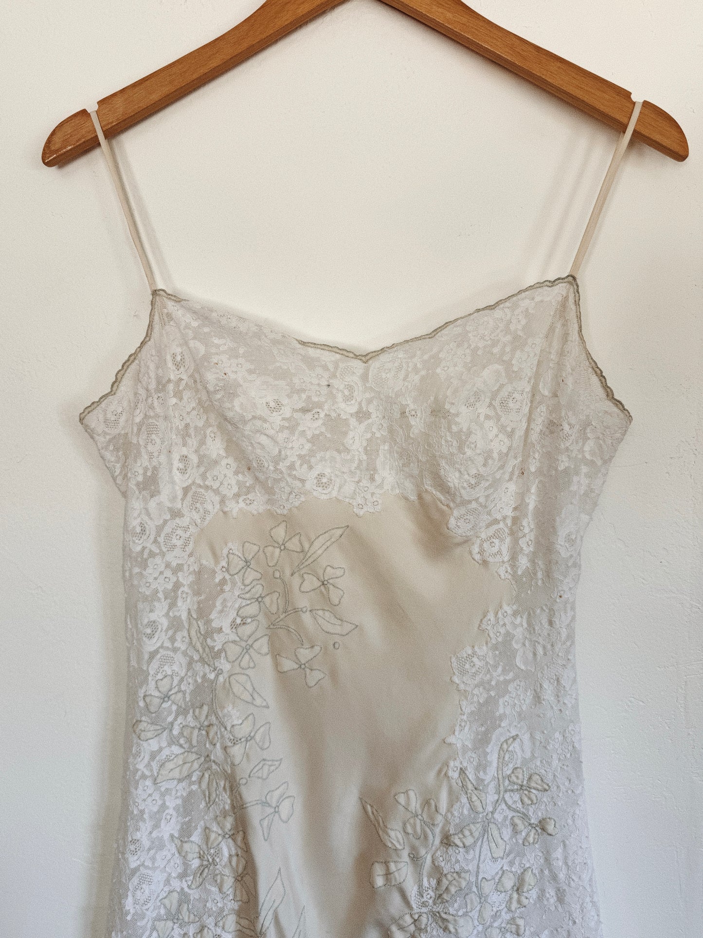 1940s/50s Ultra Pure White Lace + Silk Slip Dress w/ Pale Blue Flowers- S-M