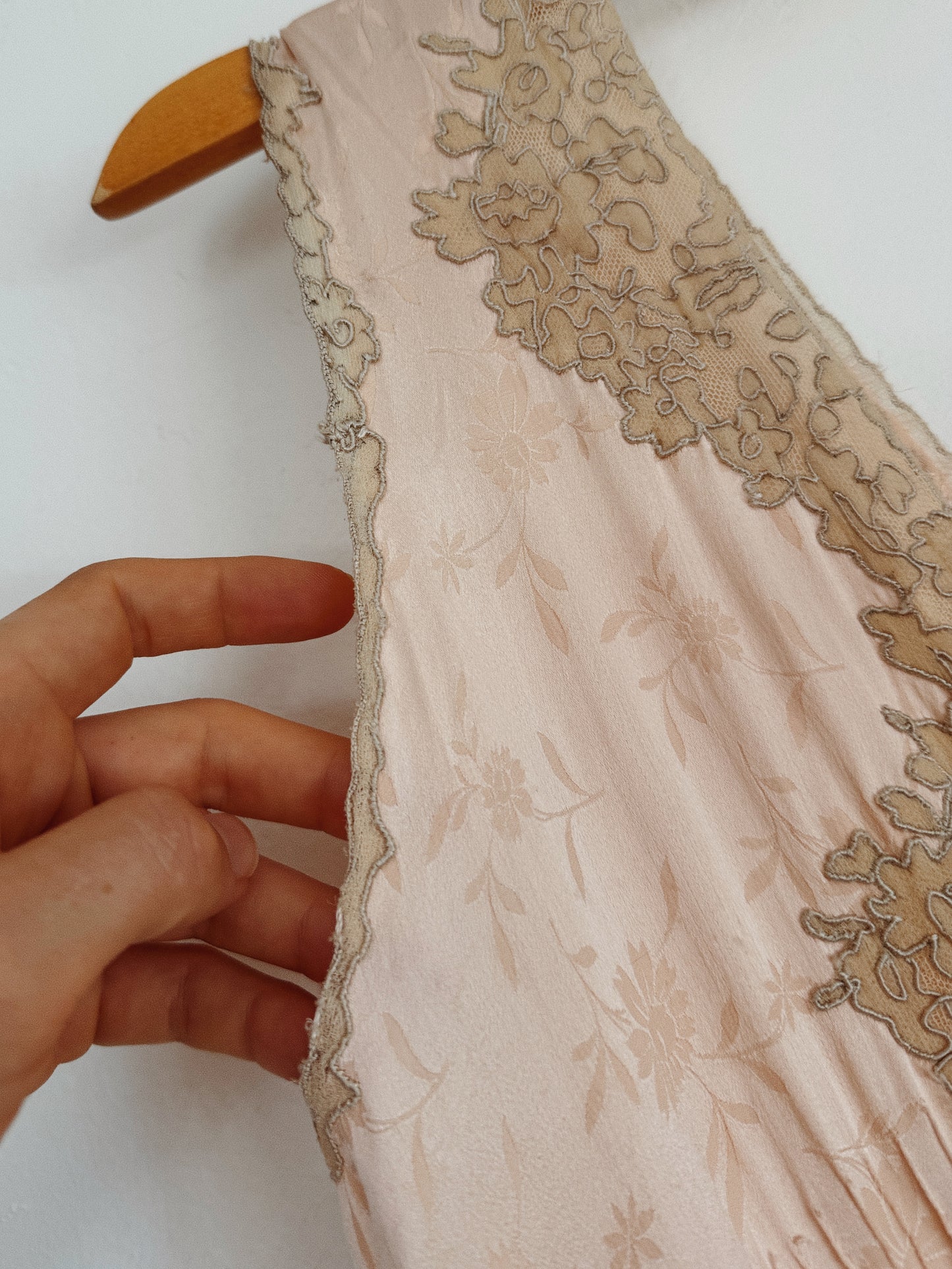1930s Silk Floral Jacquard + Lace Slip Dress w/ Braided Sash- S-S/M