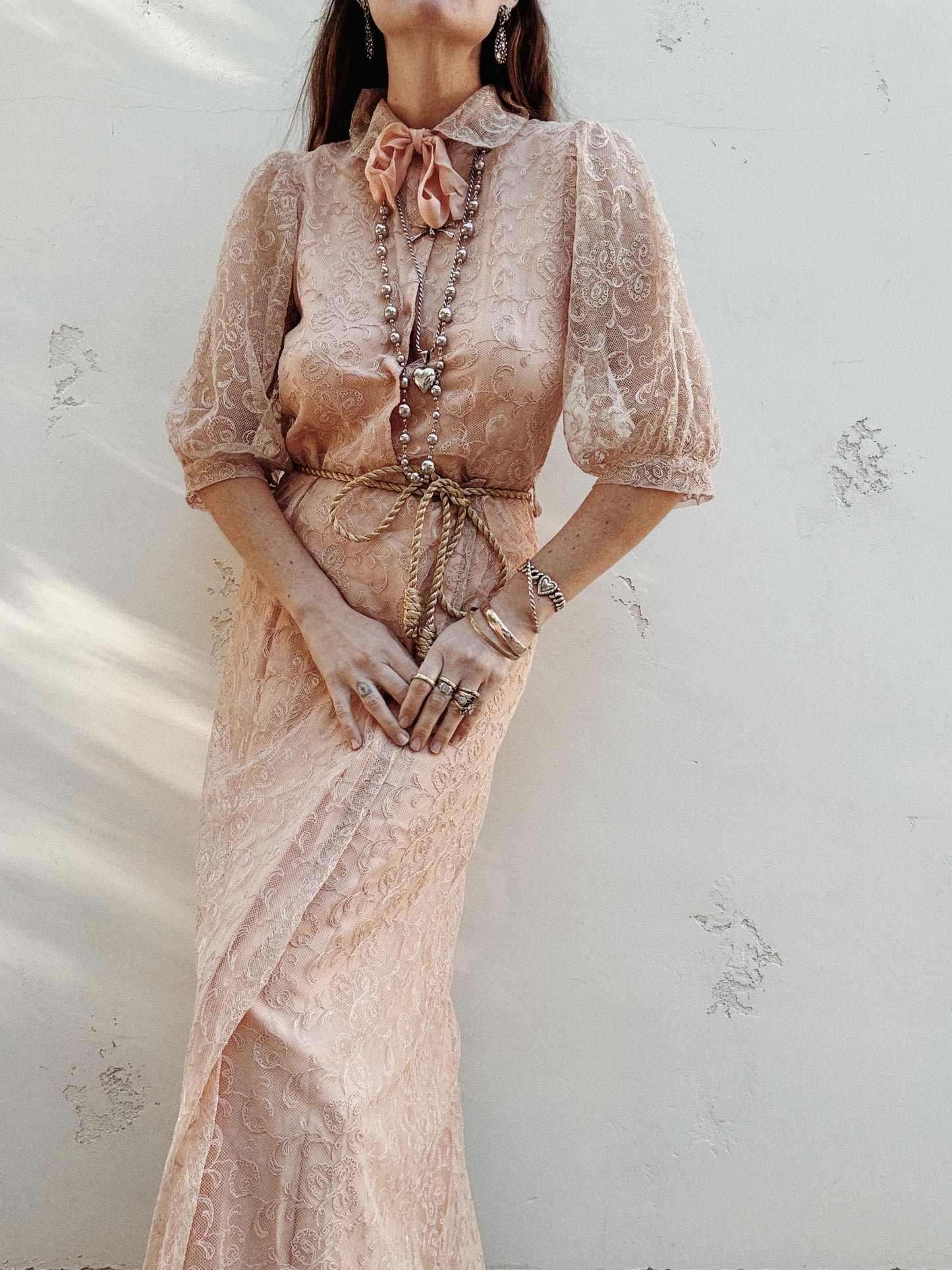 1930s Champagne + Pink Lace Dress w/ Puffed Shoulders- S/M-M