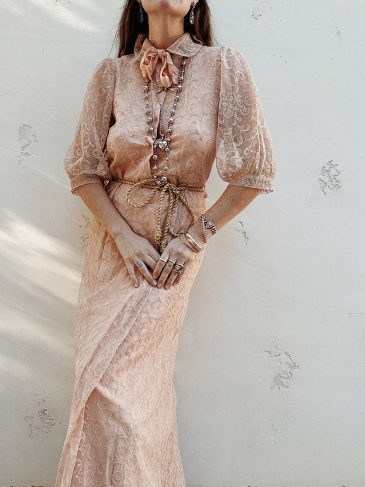 1930s Champagne + Pink Lace Dress w/ Puffed Shoulders- S/M-M