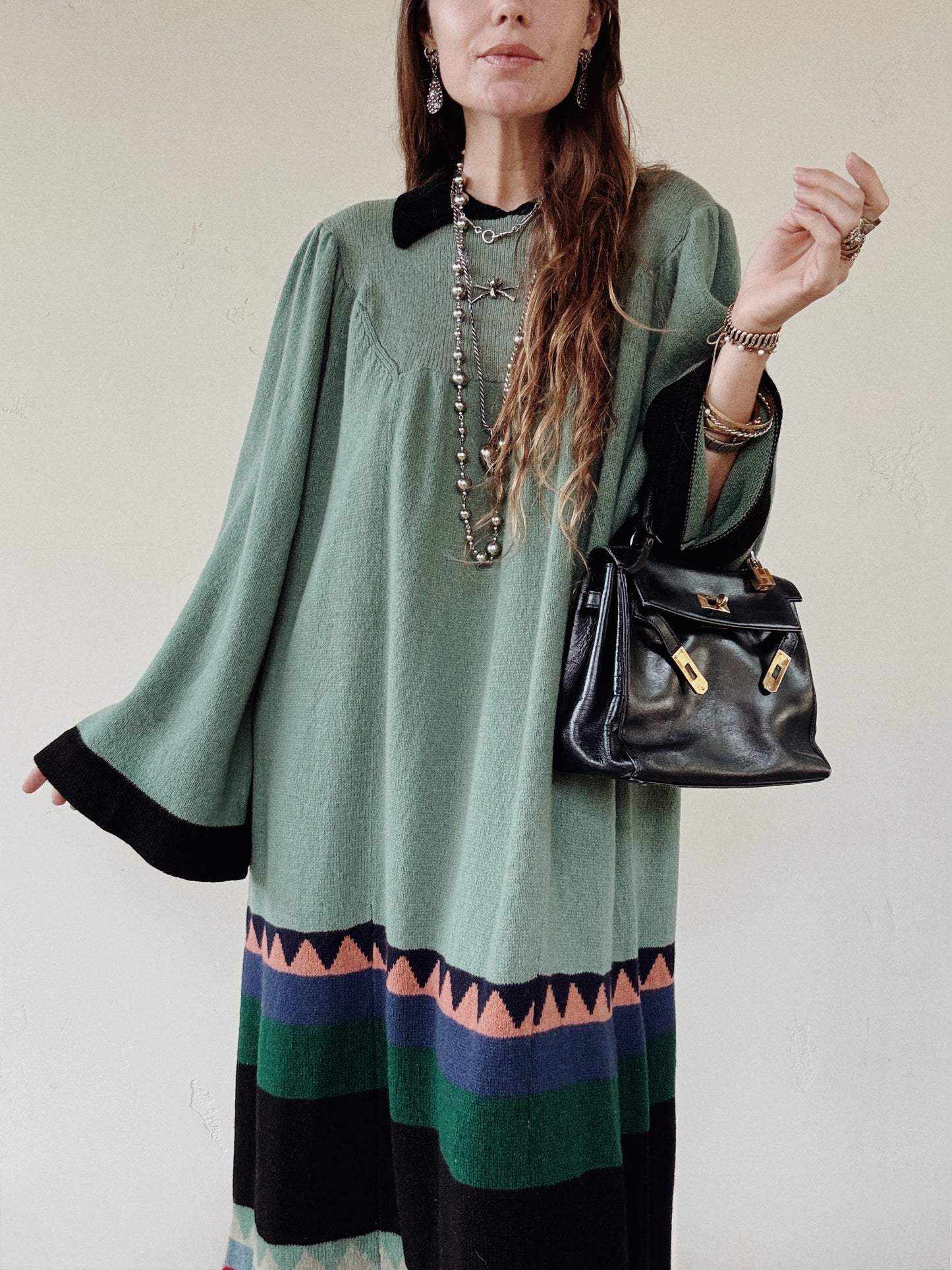 1974 Rare Alice Pollock Documented Knit Kaftan Dress w/ Bell Sleeves- M