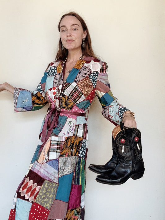 1940s Crazy Quilt Dressing w/ Rayon Patches- S/M-M