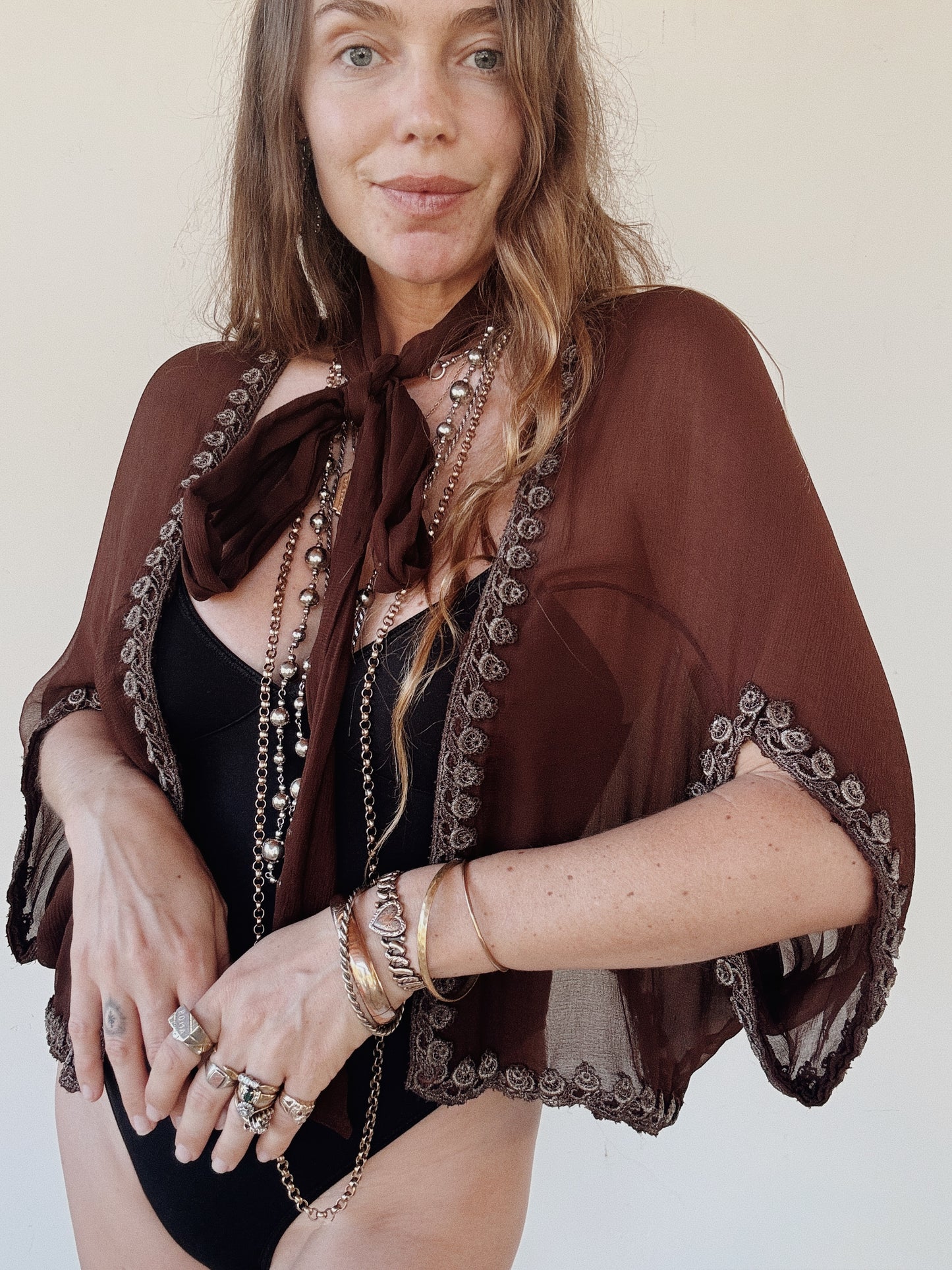 1930s Mocha Crinkle Silk Chiffon Shrug Jacket- S-L